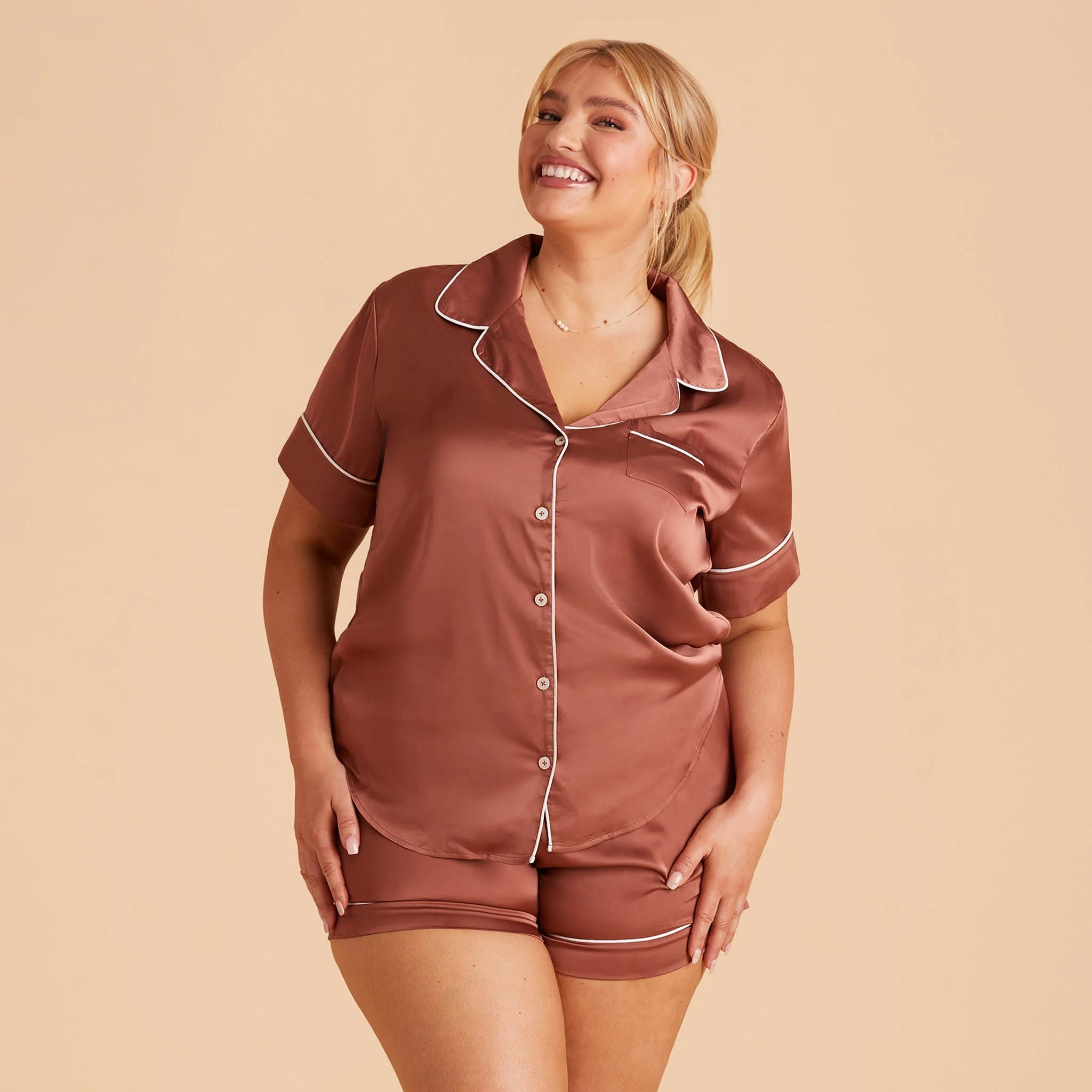 Jonny Satin Short Sleeve Pajama Top - Desert Rose - Image 2