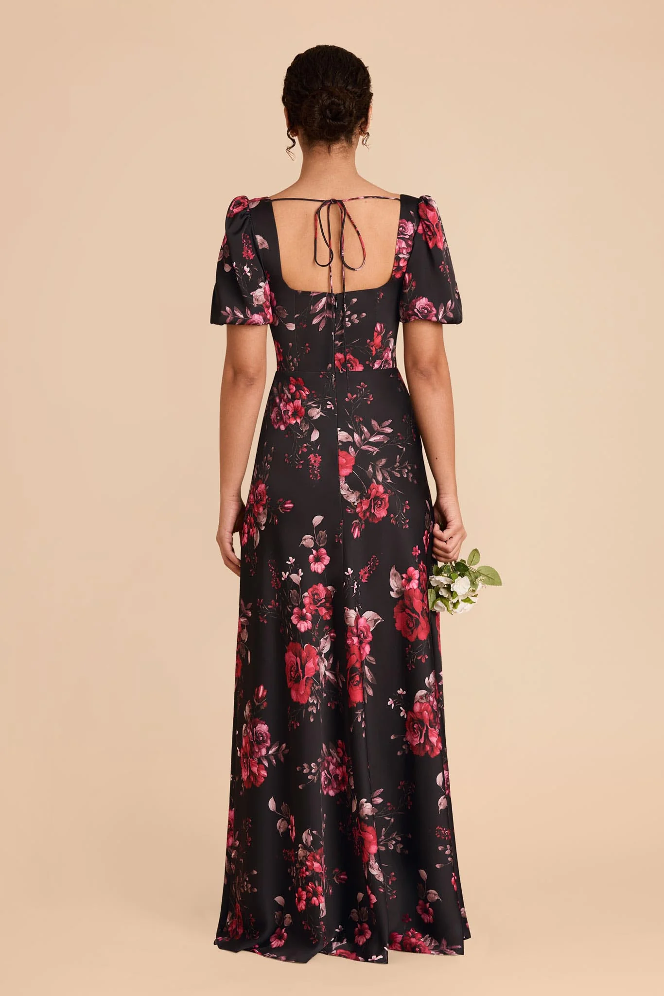 Judy Matte Satin Dress - Black Fleurs D'Amour - Image 4