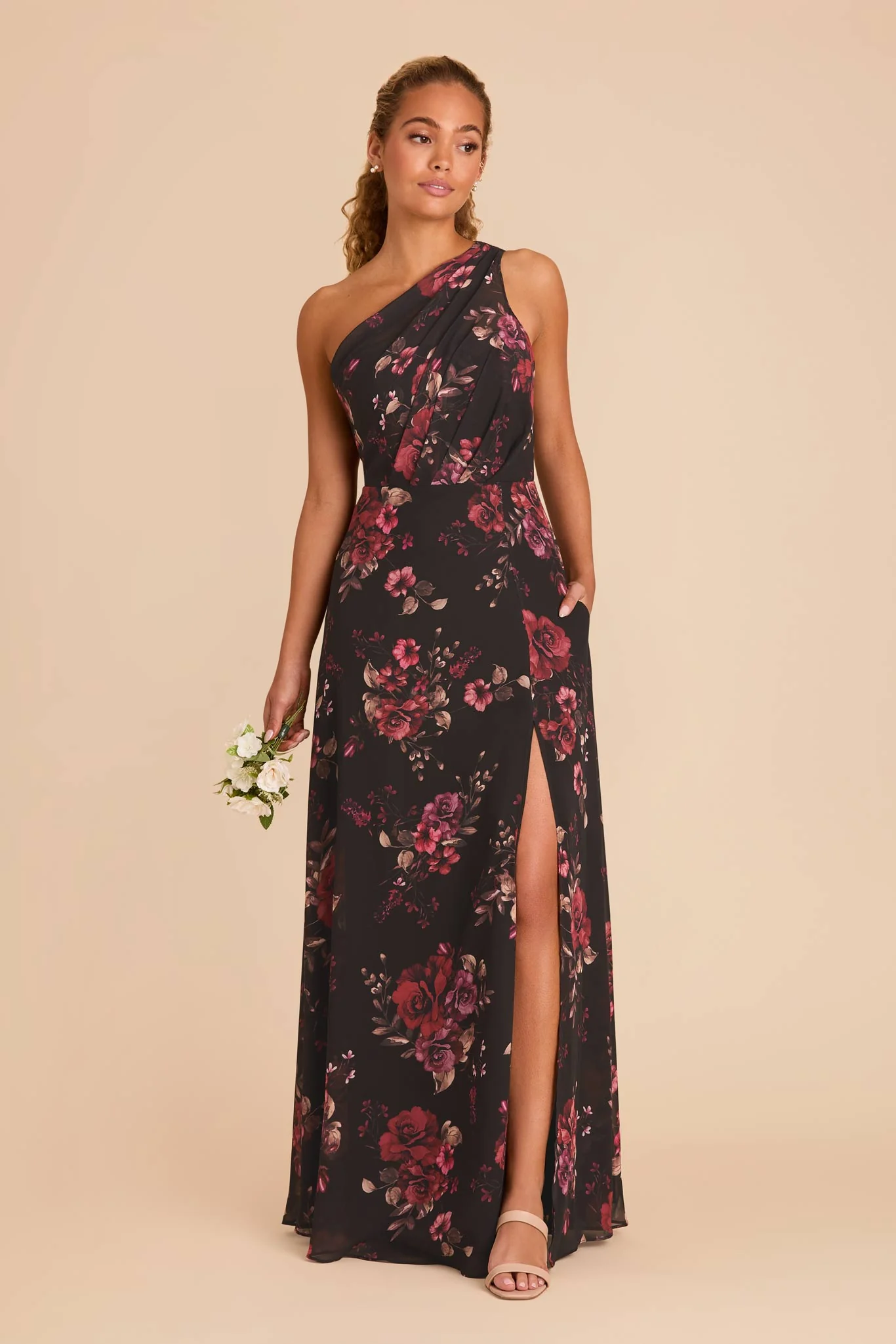 Kira Chiffon Dress With Slit - Black Fleurs D'Amour - Image 2