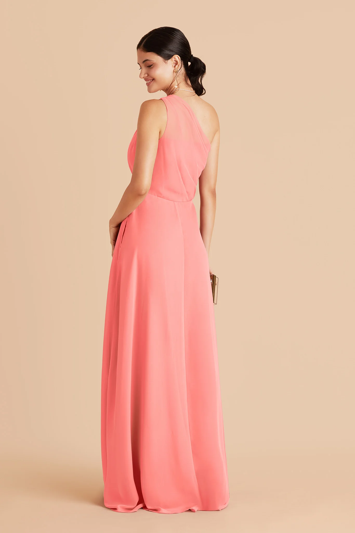 Kira Chiffon Dress With Slit - Coral Pink - Image 3