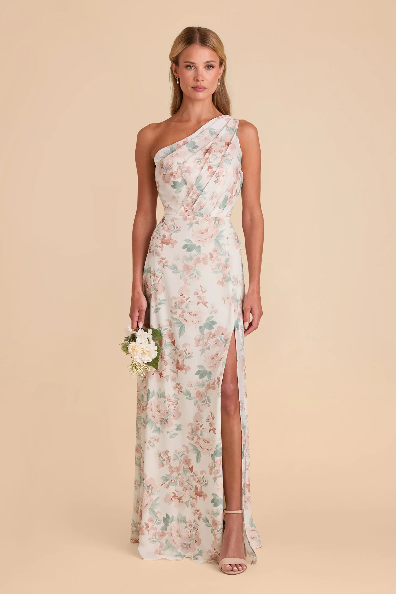 Kira Chiffon Dress With Slit - Dusty Apricot Peonies