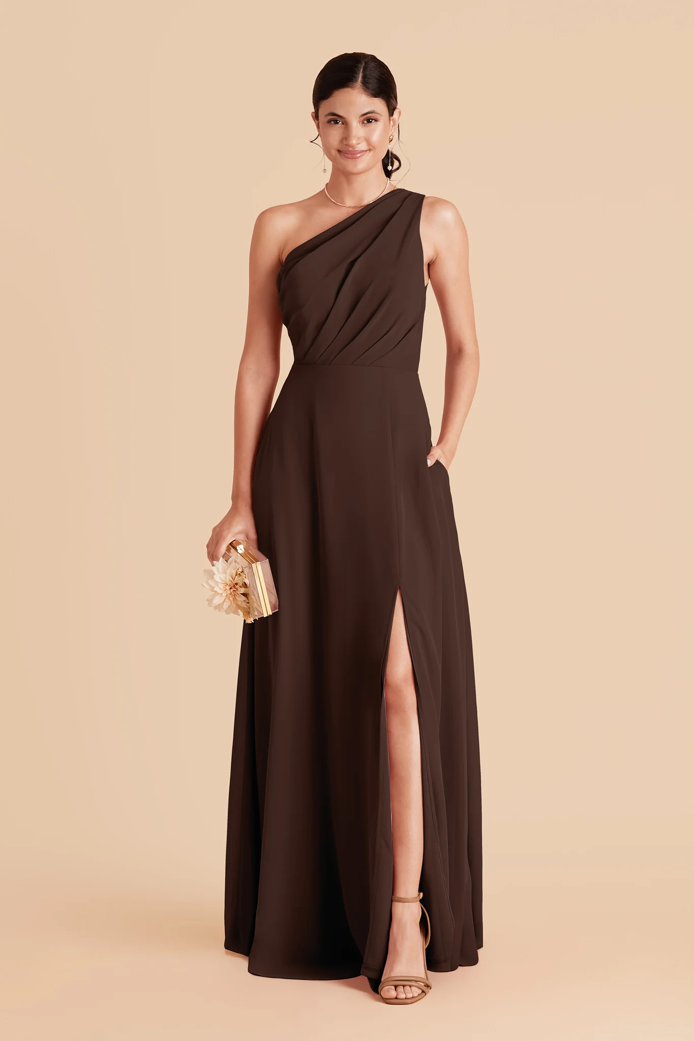 Kira Chiffon Dress With Slit - Espresso