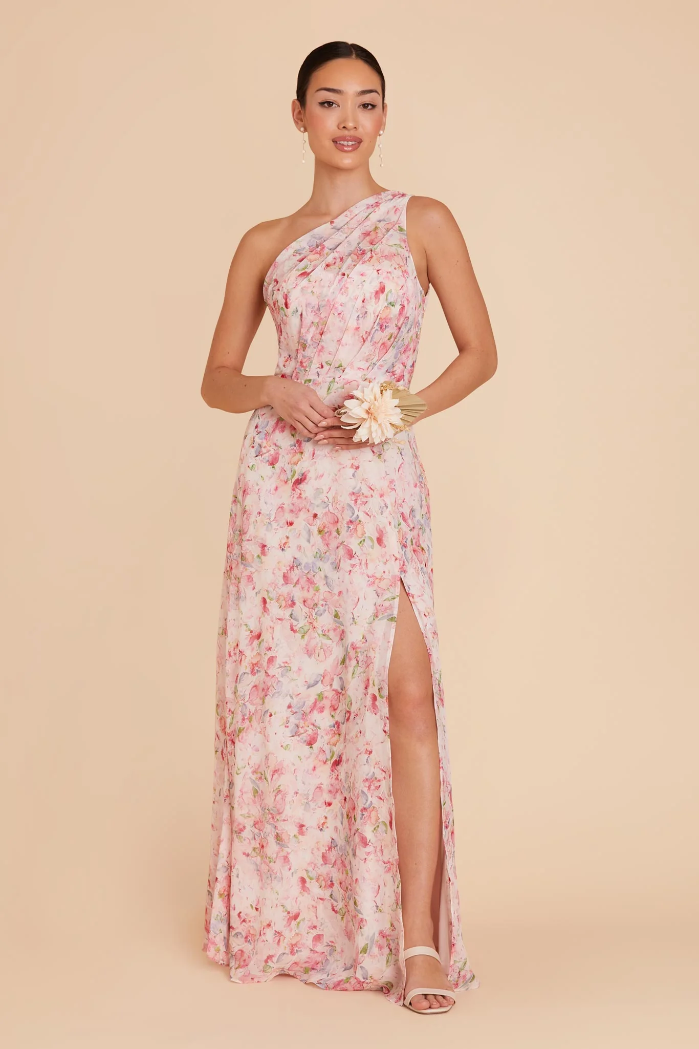Kira Chiffon Dress With Slit - Pink Falling Petals