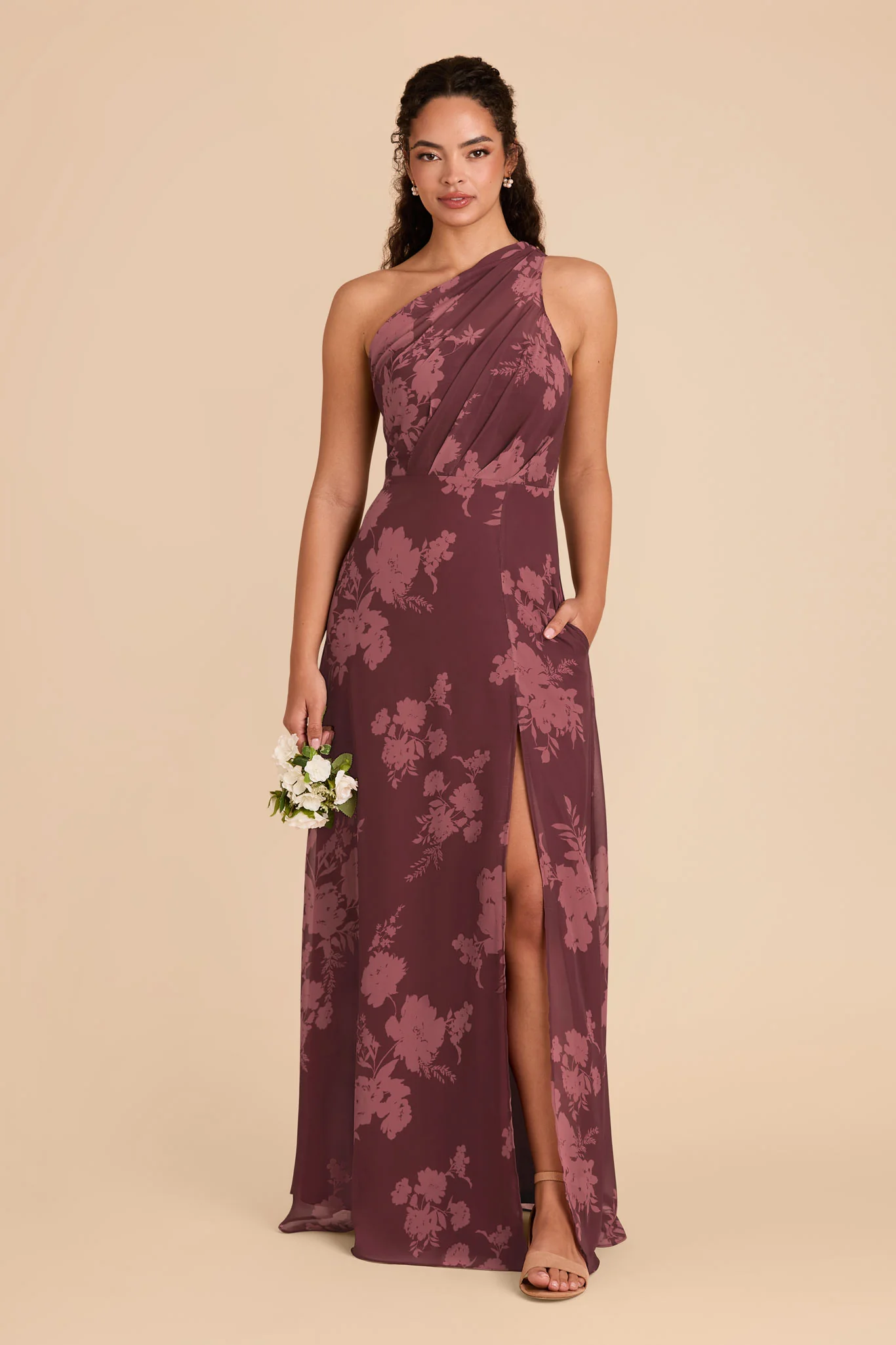 Kira Chiffon Dress With Slit - Sangria Whimsical Blooms - Image 3