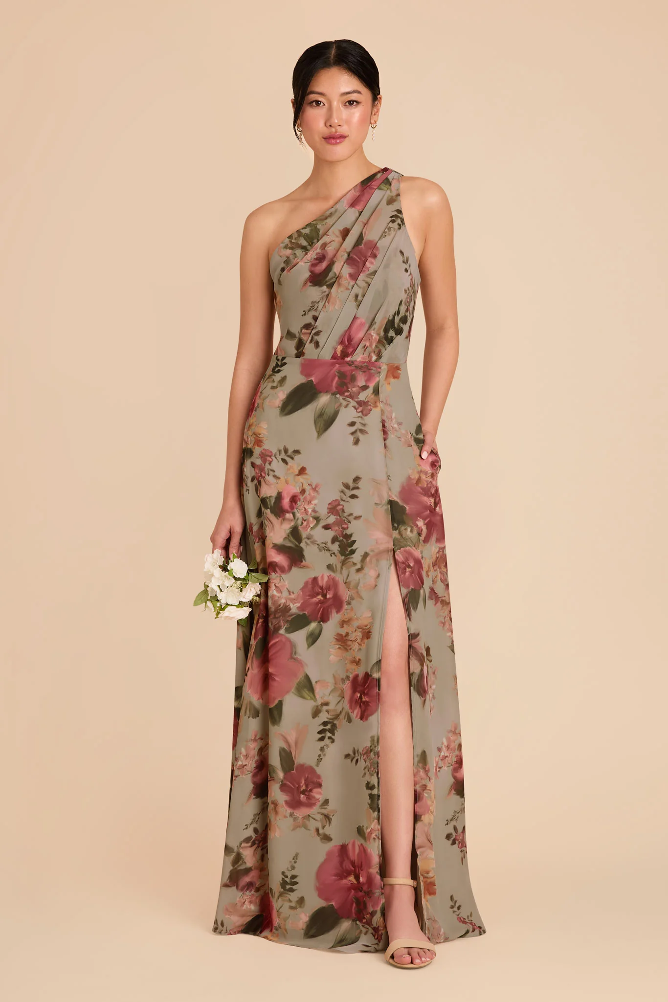 Kira Chiffon Dress With Slit - Silver Sage Painted Botanics - Image 2