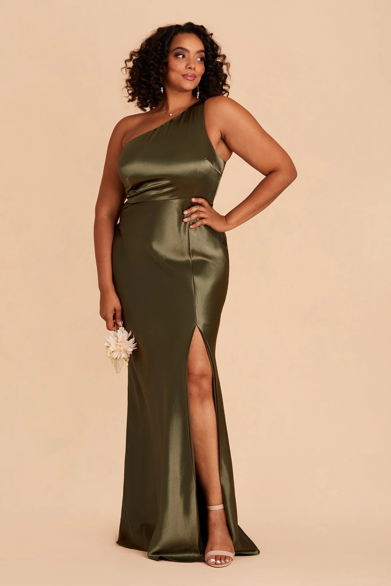 Kira Shiny Satin Dress - Olive - Image 11