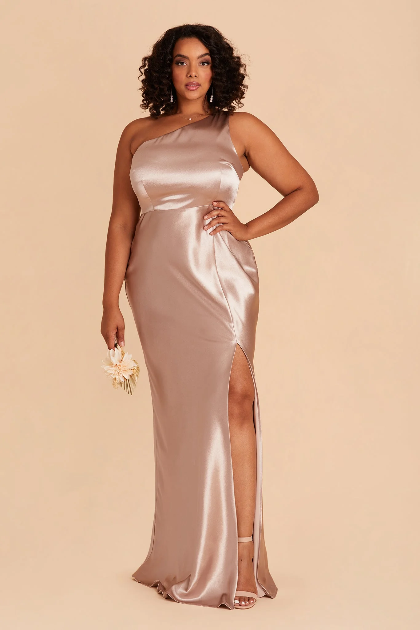 Kira Shiny Satin Dress - Taupe - Image 11