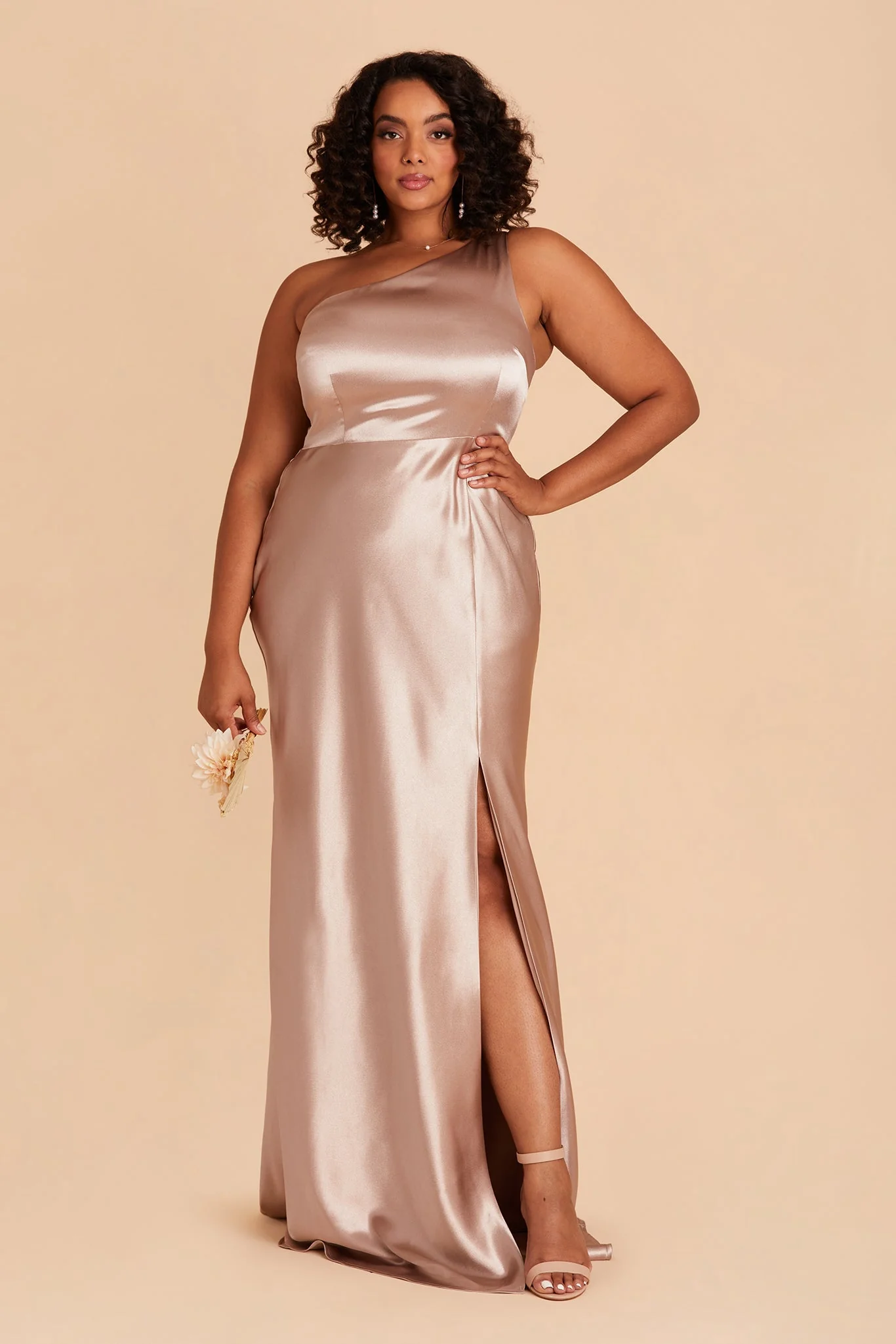 Kira Shiny Satin Dress - Taupe - Image 2