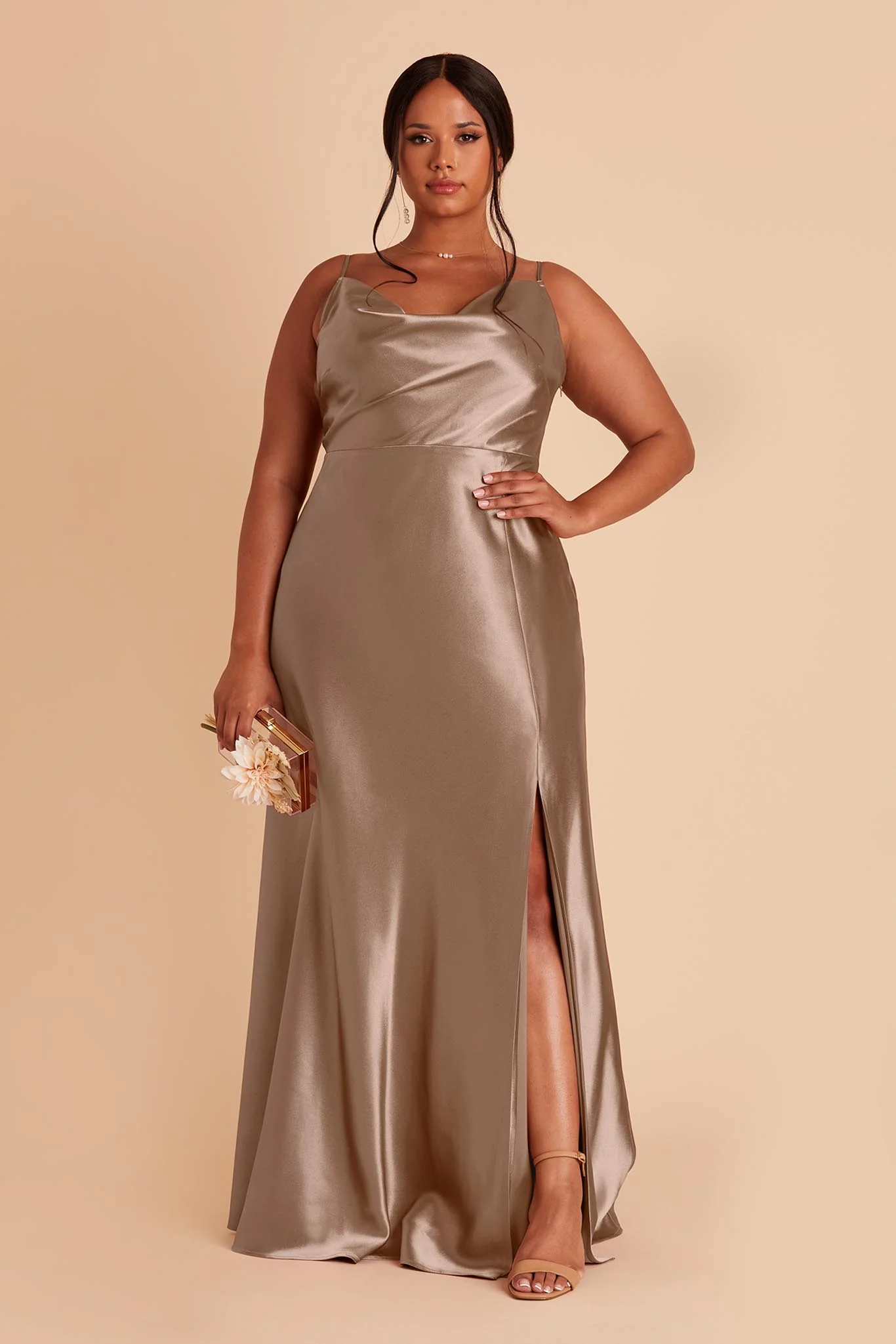 Lisa Shiny Satin Dress - Mocha - Image 2