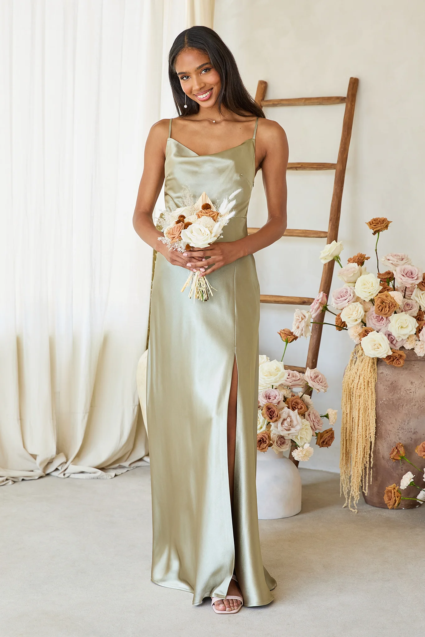 Lisa Shiny Satin Dress - Moss Green - Image 5