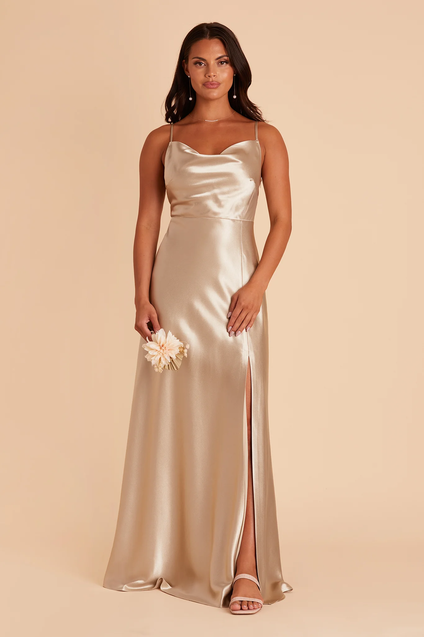 Lisa Shiny Satin Dress - Neutral Champagne