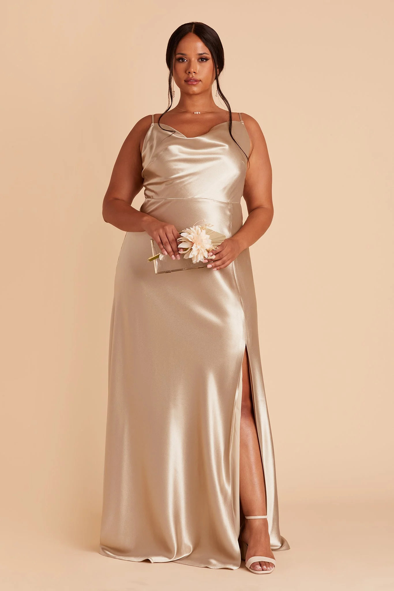 Lisa Shiny Satin Dress - Neutral Champagne - Image 2