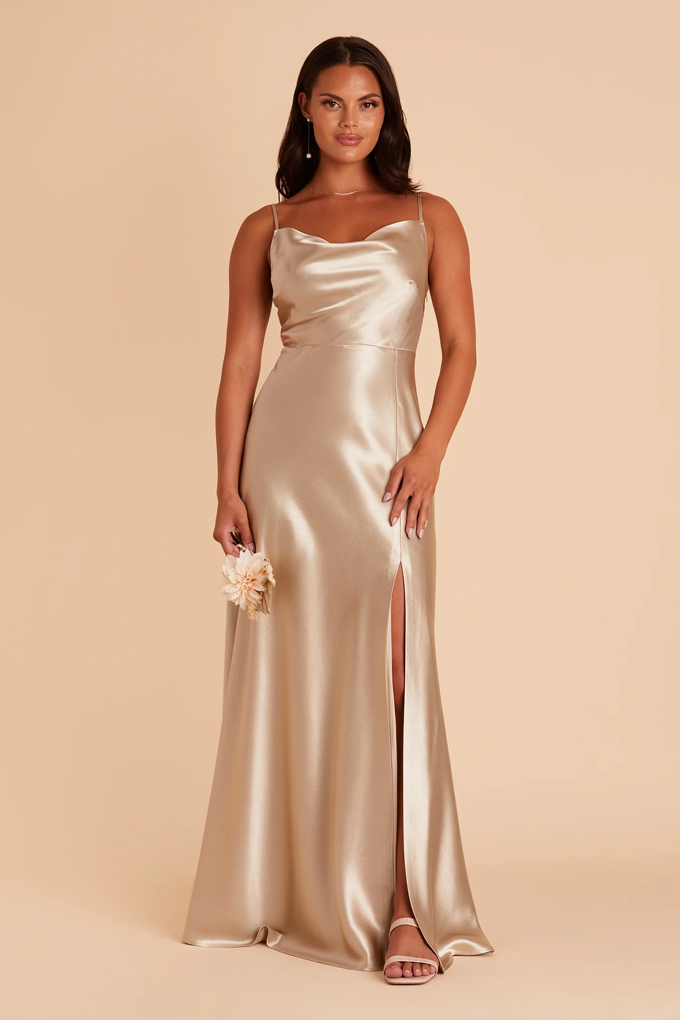 Lisa Shiny Satin Dress - Neutral Champagne - Image 5