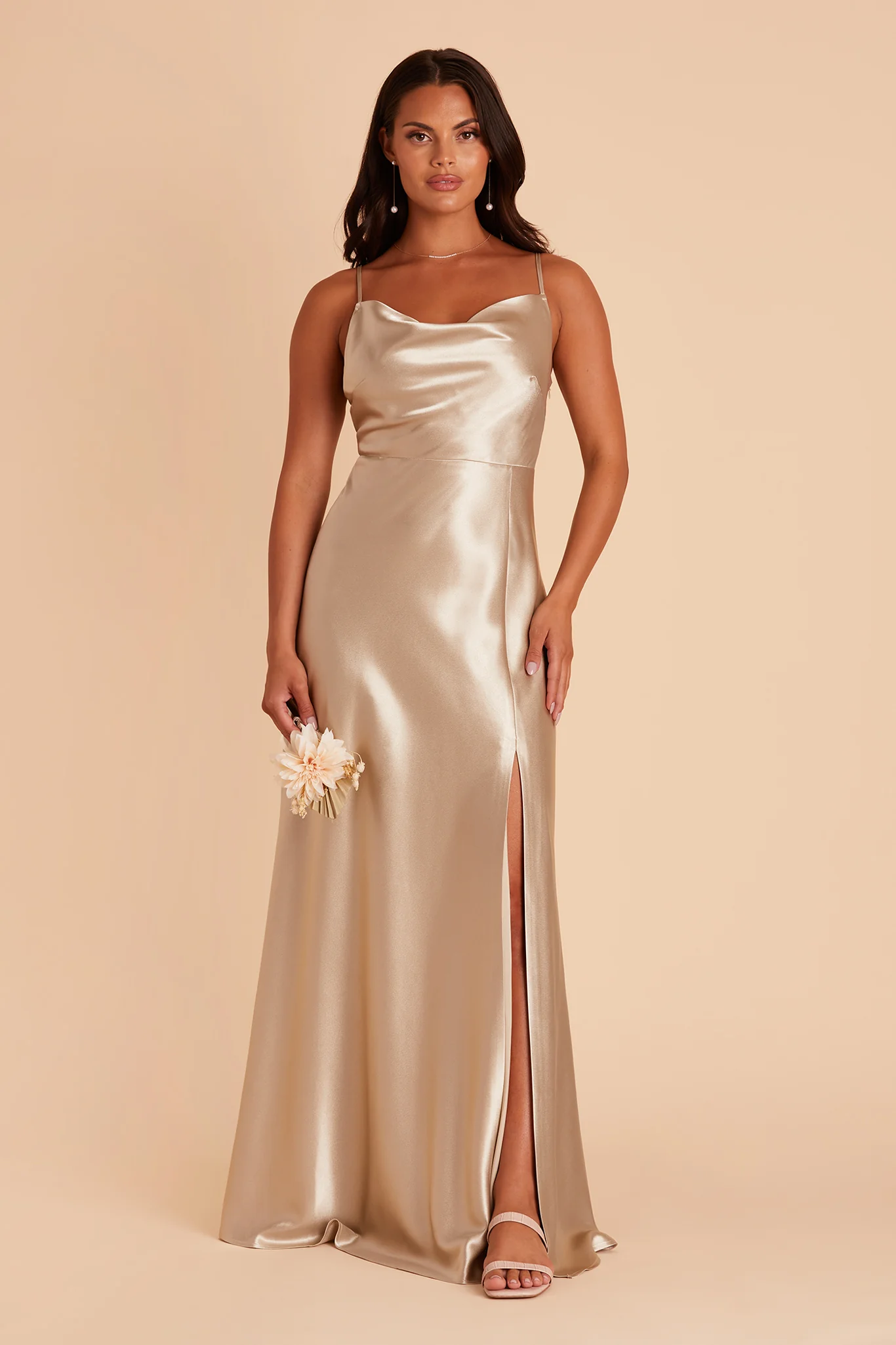 Lisa Shiny Satin Dress - Neutral Champagne - Image 6