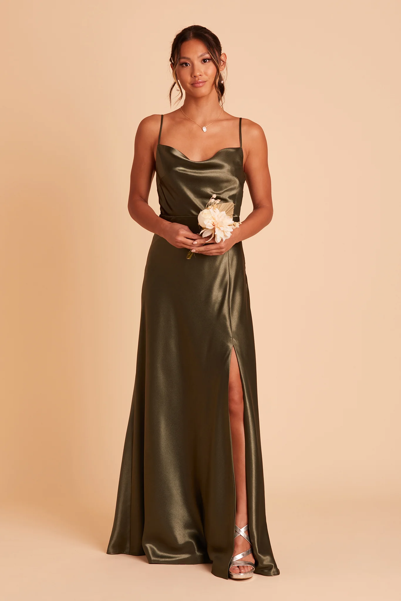 Lisa Shiny Satin Dress - Olive - Image 4
