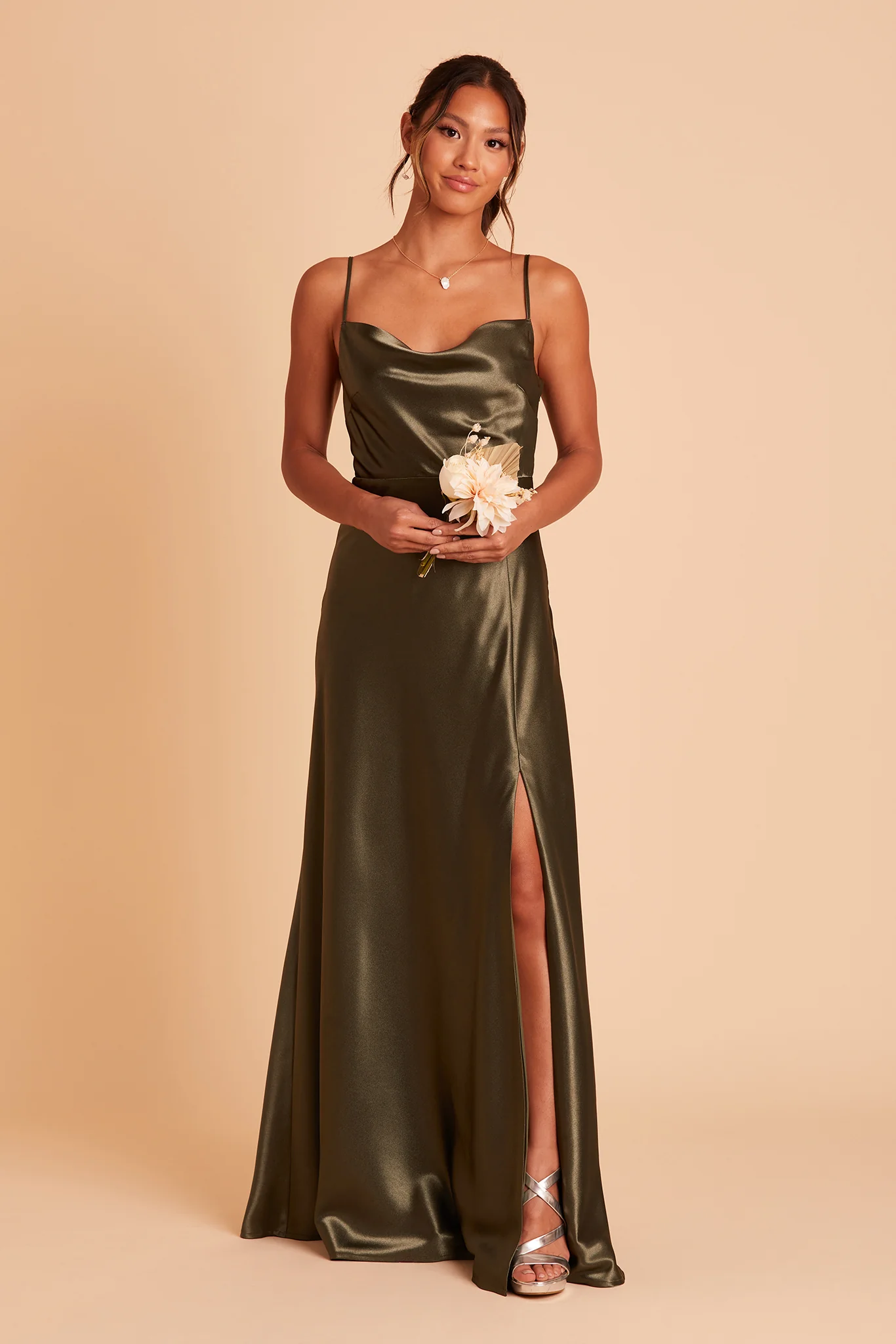 Lisa Shiny Satin Dress - Olive - Image 6