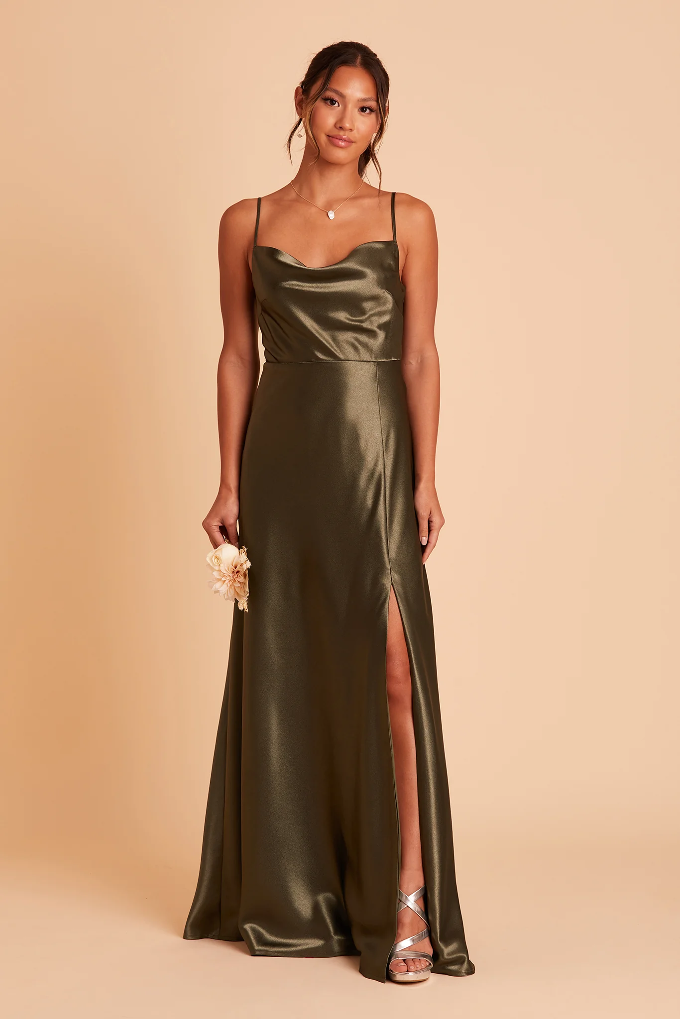 Lisa Shiny Satin Dress - Olive - Image 7