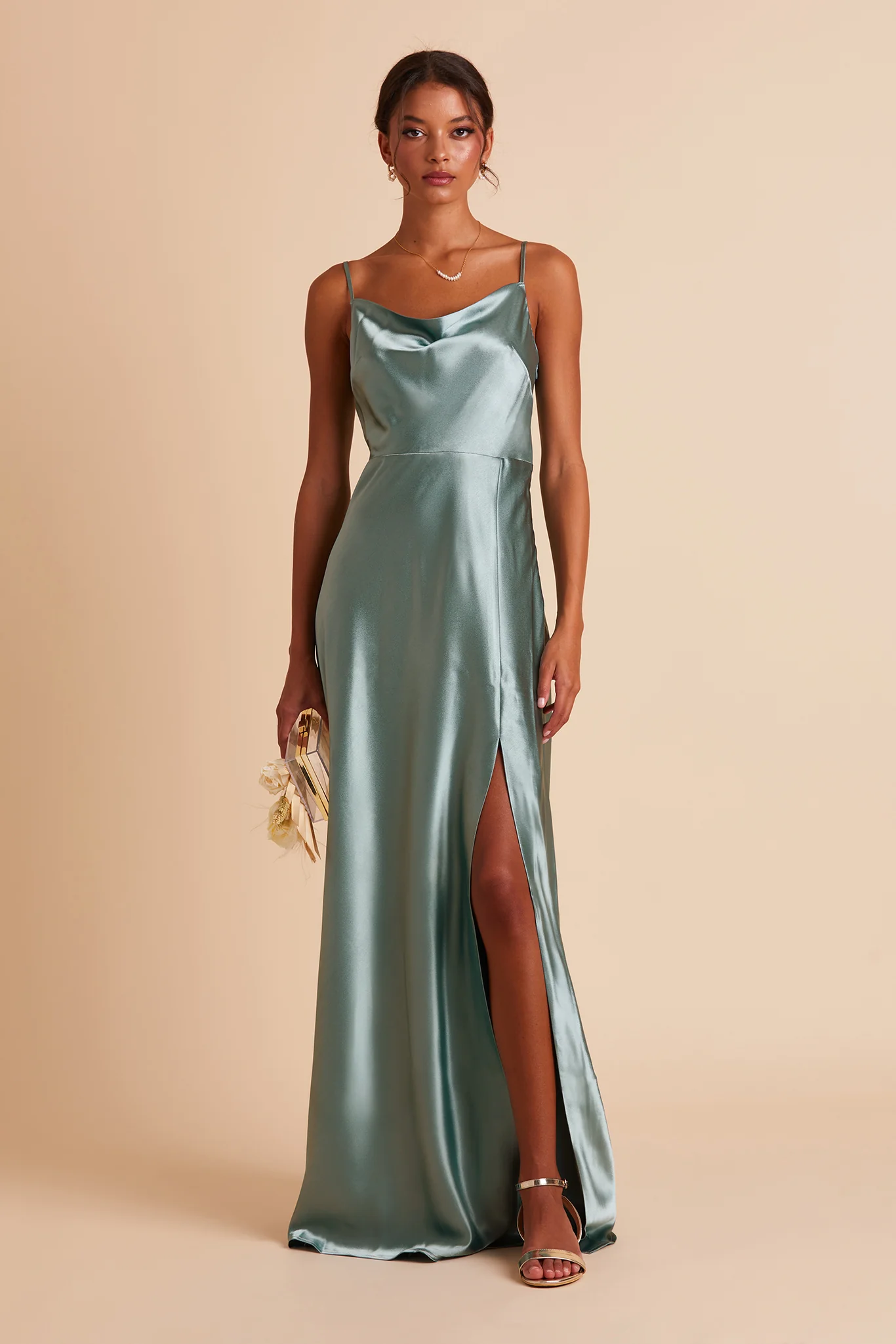 Lisa Shiny Satin Dress - Sea Glass - Image 8