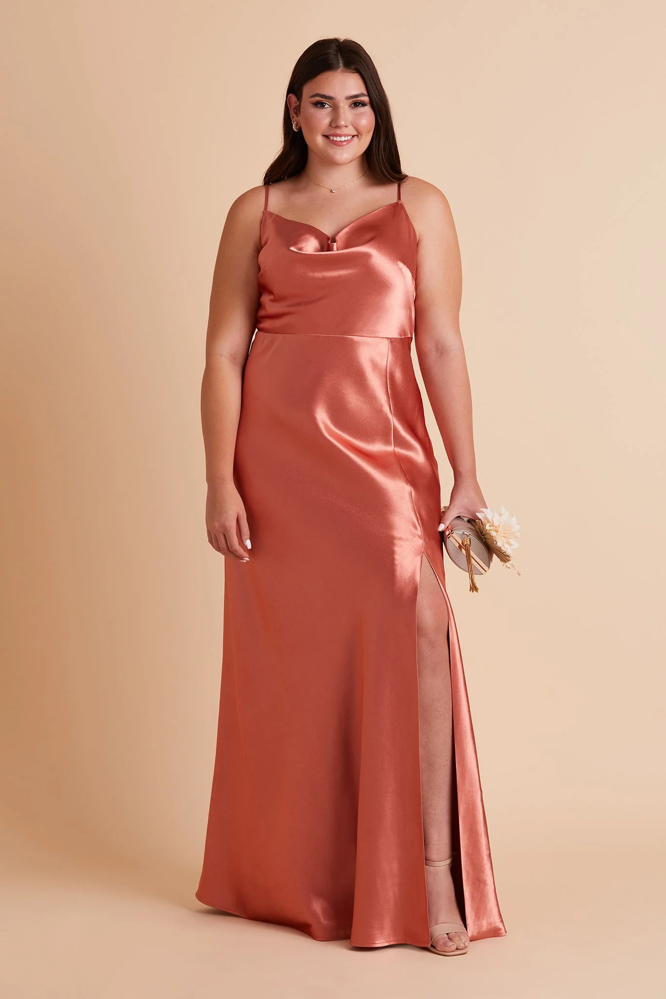 Lisa Shiny Satin Dress - Terracotta - Image 2