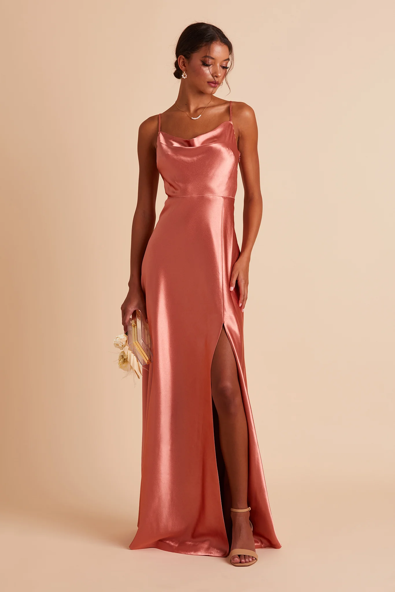 Lisa Shiny Satin Dress - Terracotta - Image 4