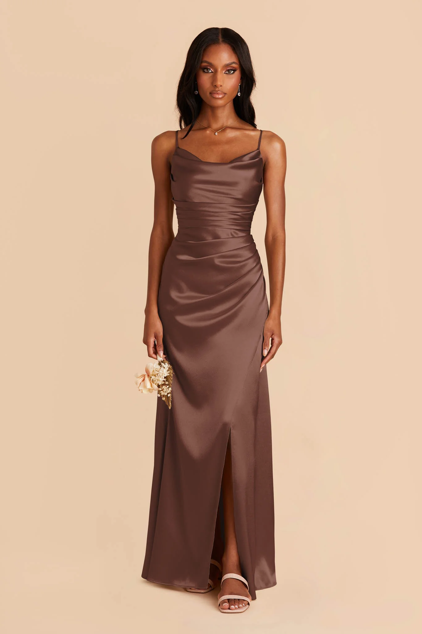 Lydia Shiny Satin Dress - Chocolate Brown - Image 3