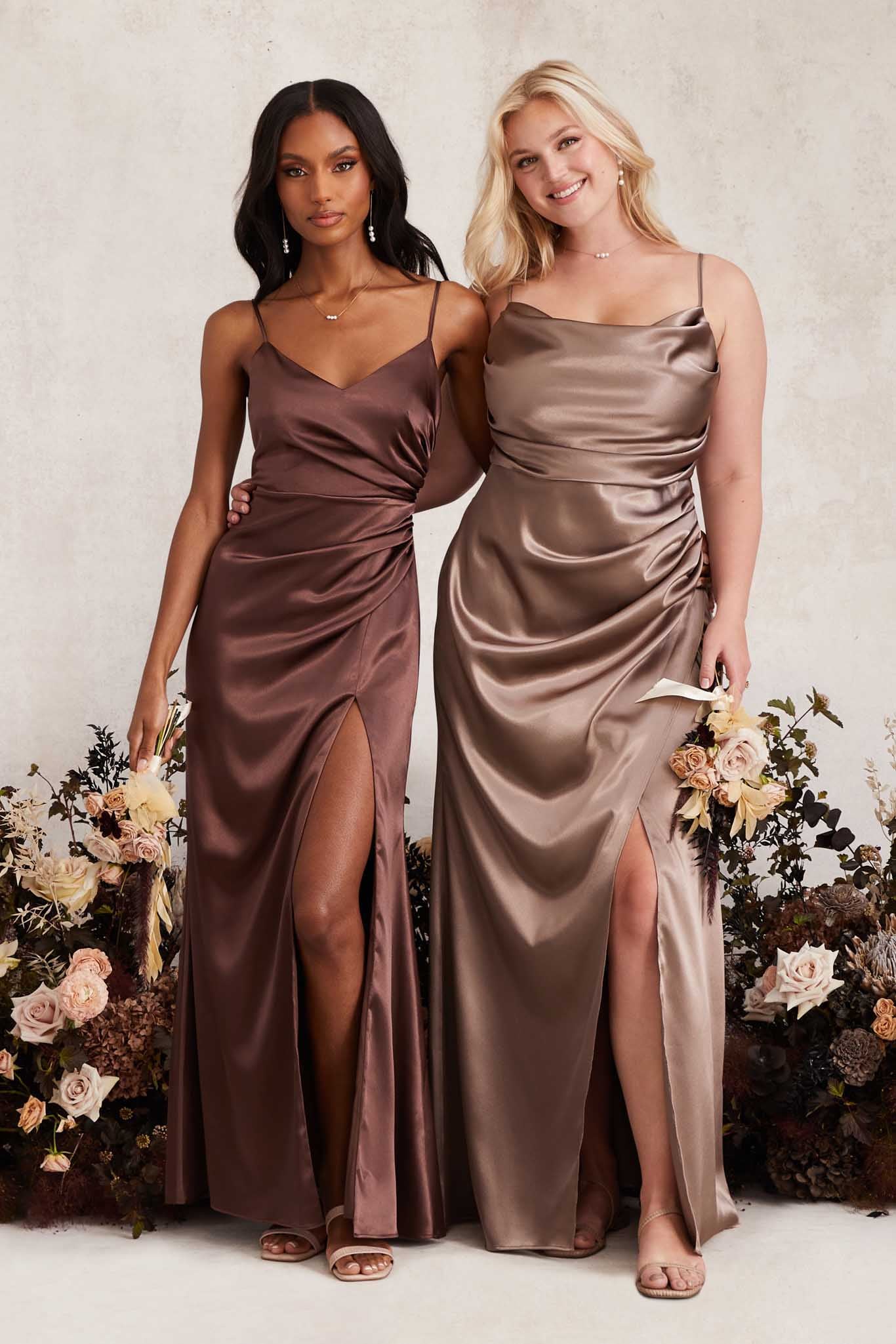 Lydia Shiny Satin Dress - Mocha - Image 2