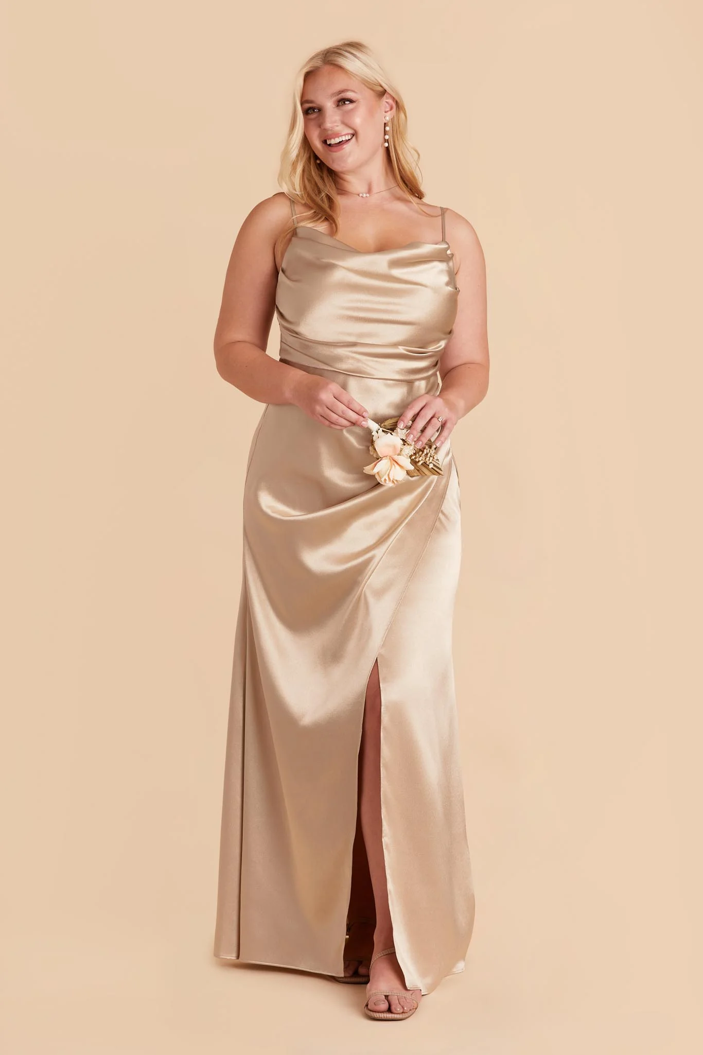 Lydia Shiny Satin Dress - Neutral Champagne - Image 3