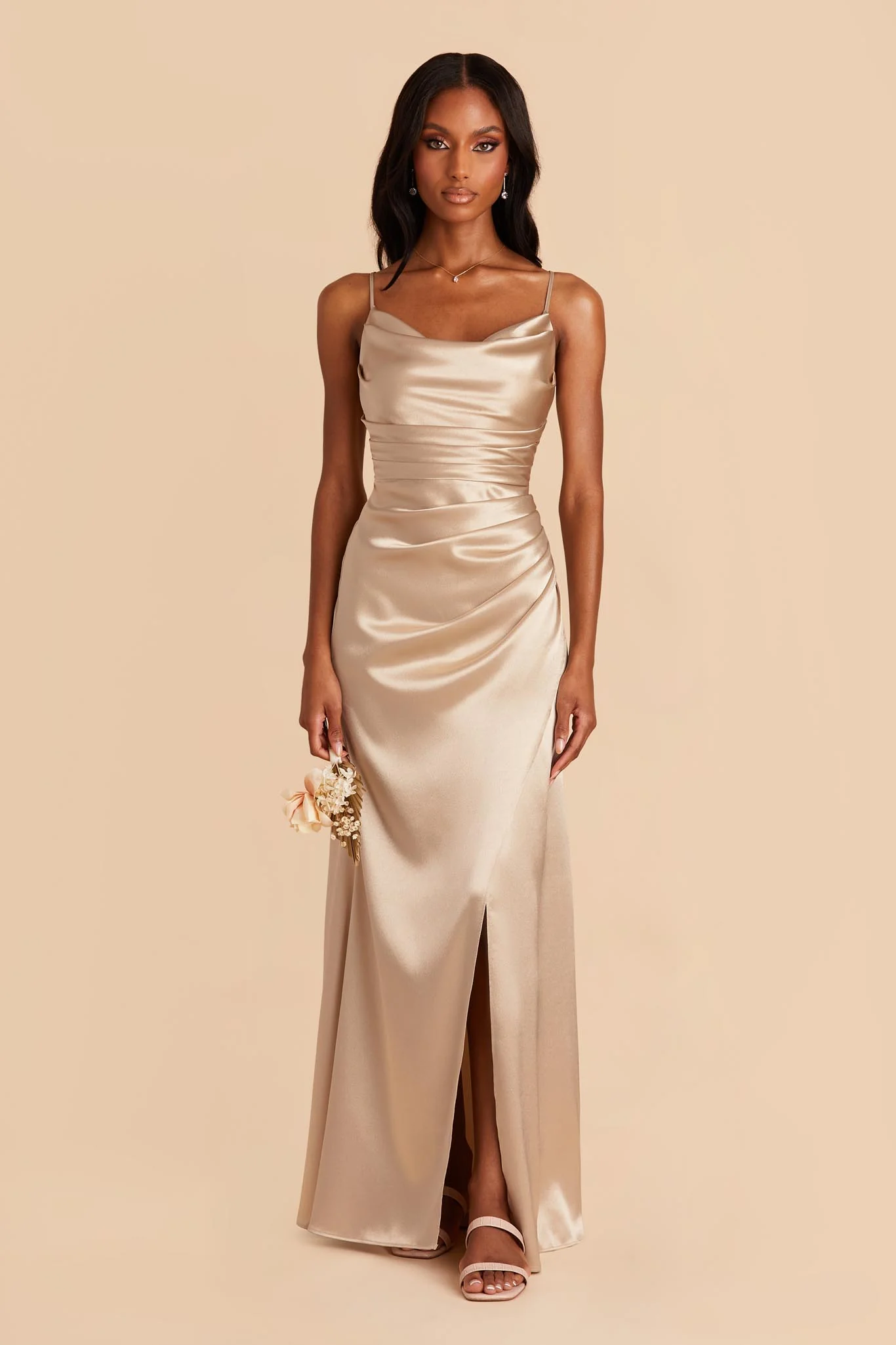 Lydia Shiny Satin Dress - Neutral Champagne - Image 4