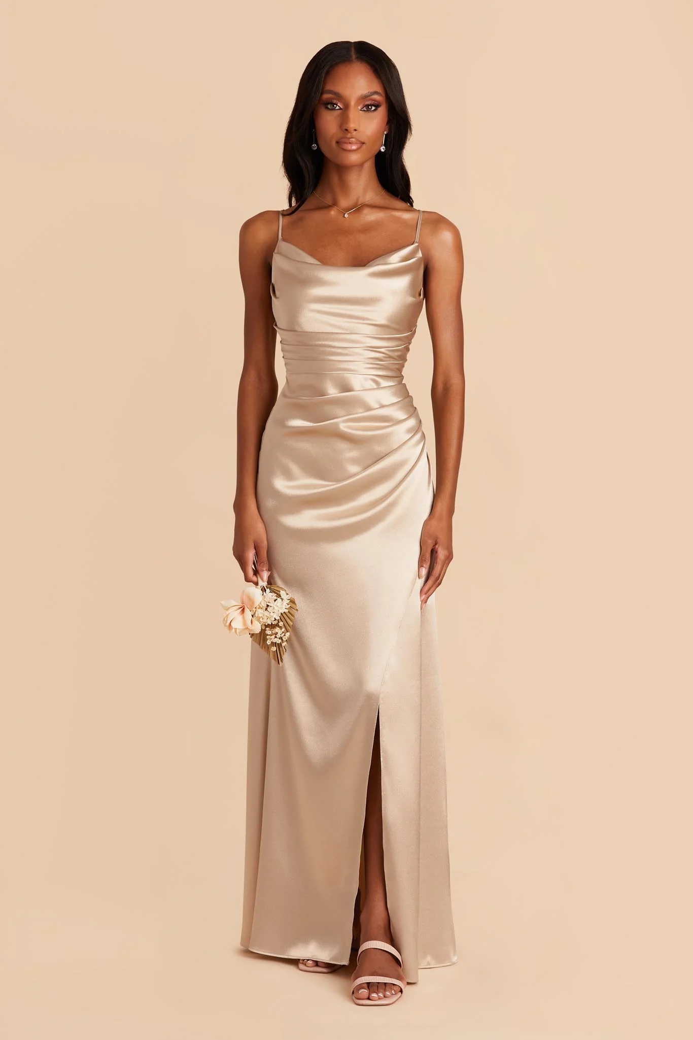 Lydia Shiny Satin Dress - Neutral Champagne - Image 5