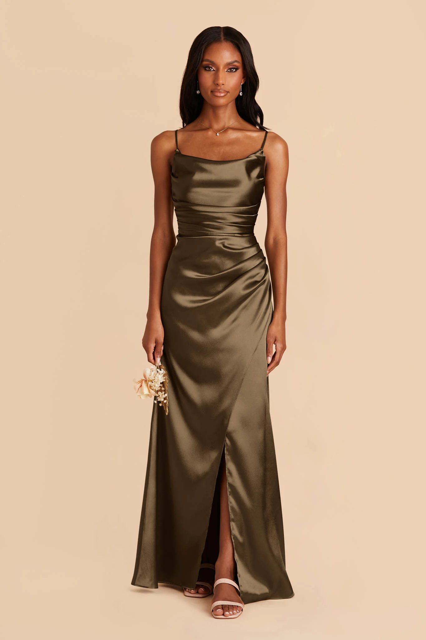 Lydia Shiny Satin Dress - Olive
