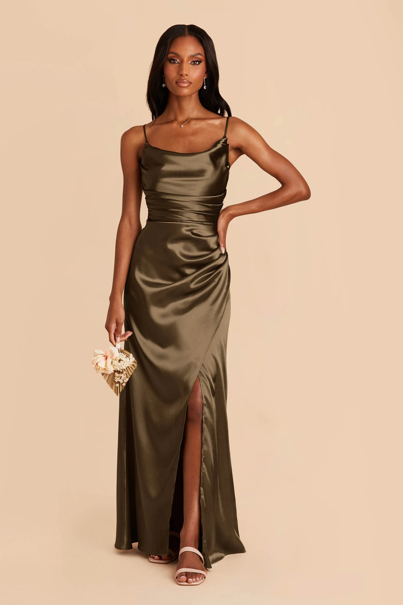 Lydia Shiny Satin Dress - Olive - Image 3