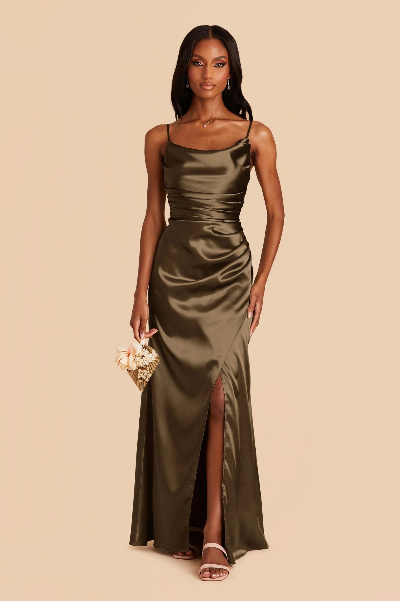 Lydia Shiny Satin Dress - Olive - Image 4