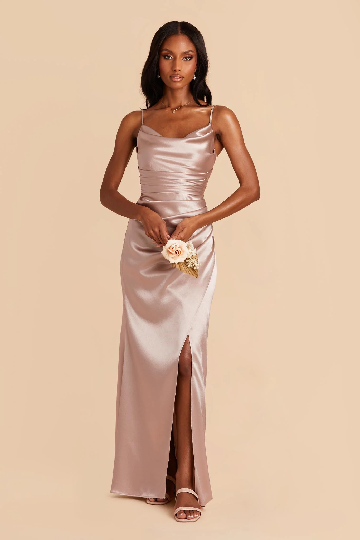 Lydia Shiny Satin Dress - Taupe - Image 3