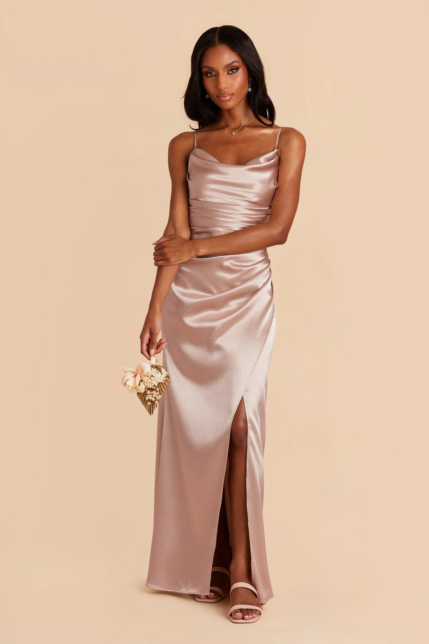Lydia Shiny Satin Dress - Taupe - Image 4