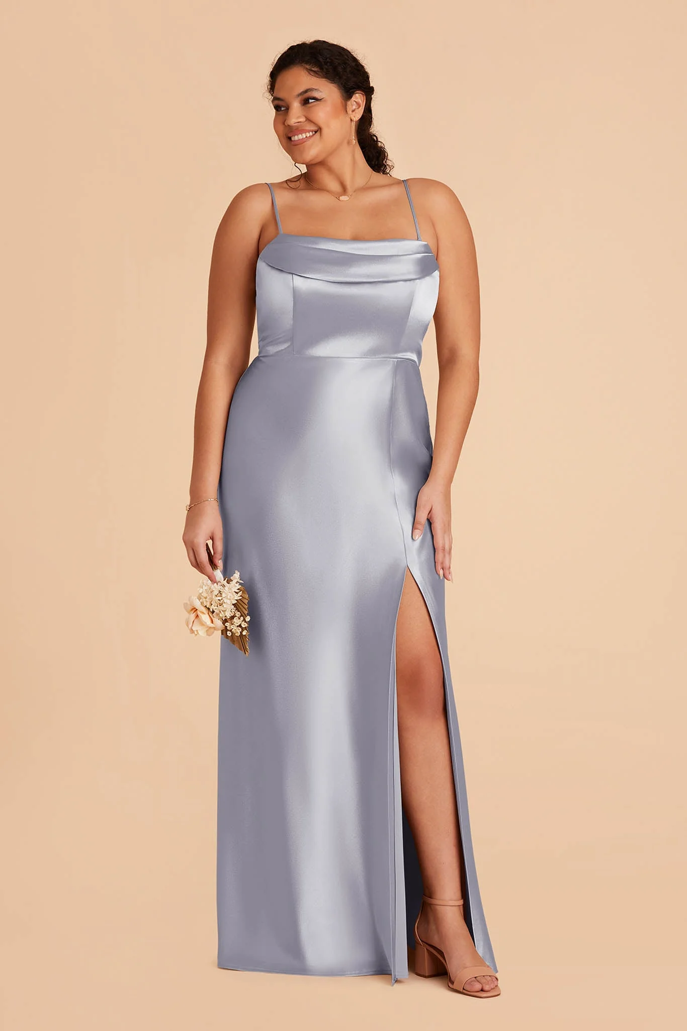 Mia Shiny Satin Dress - Dusty Blue - Image 10