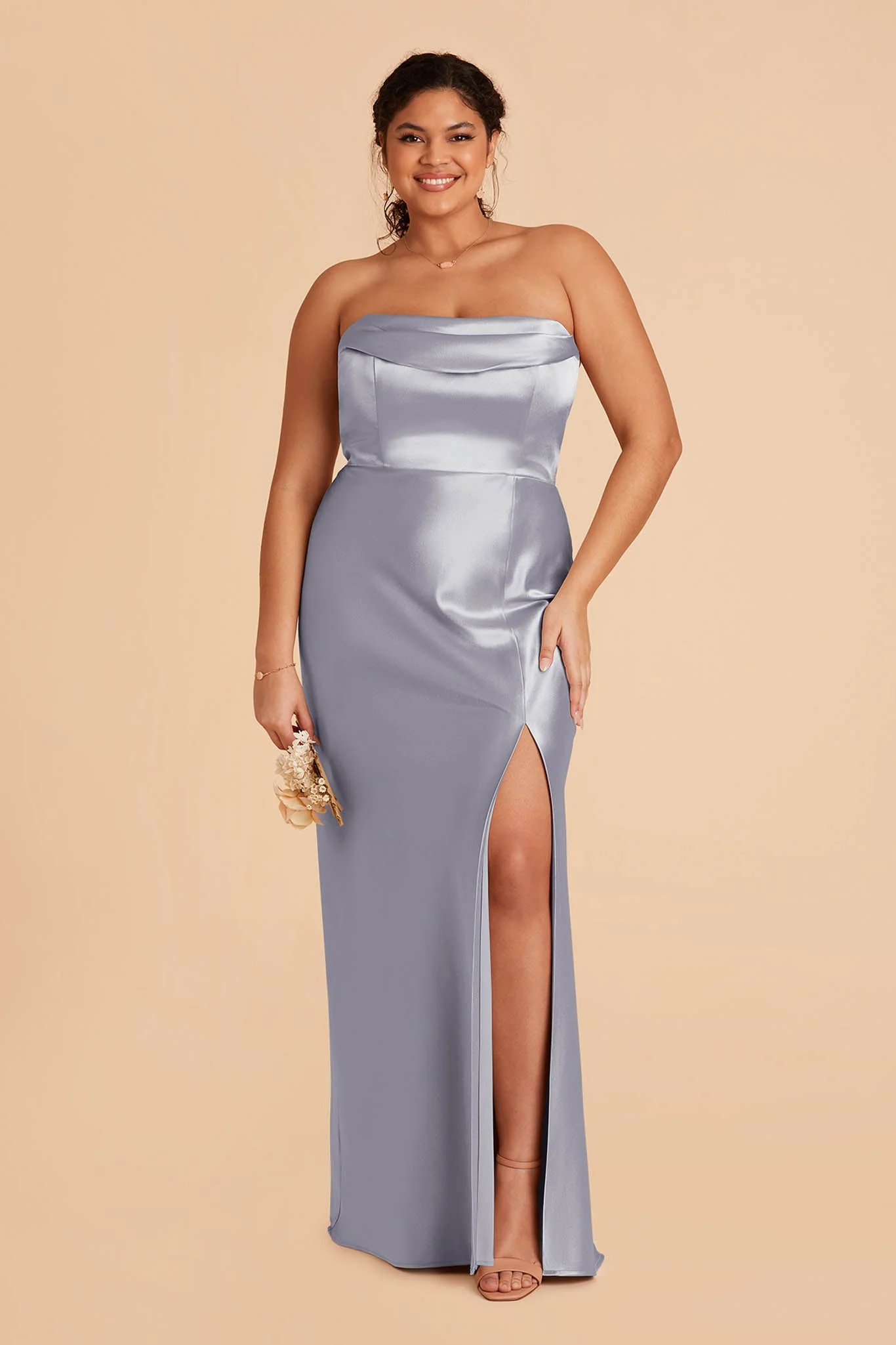Mia Shiny Satin Dress - Dusty Blue - Image 11