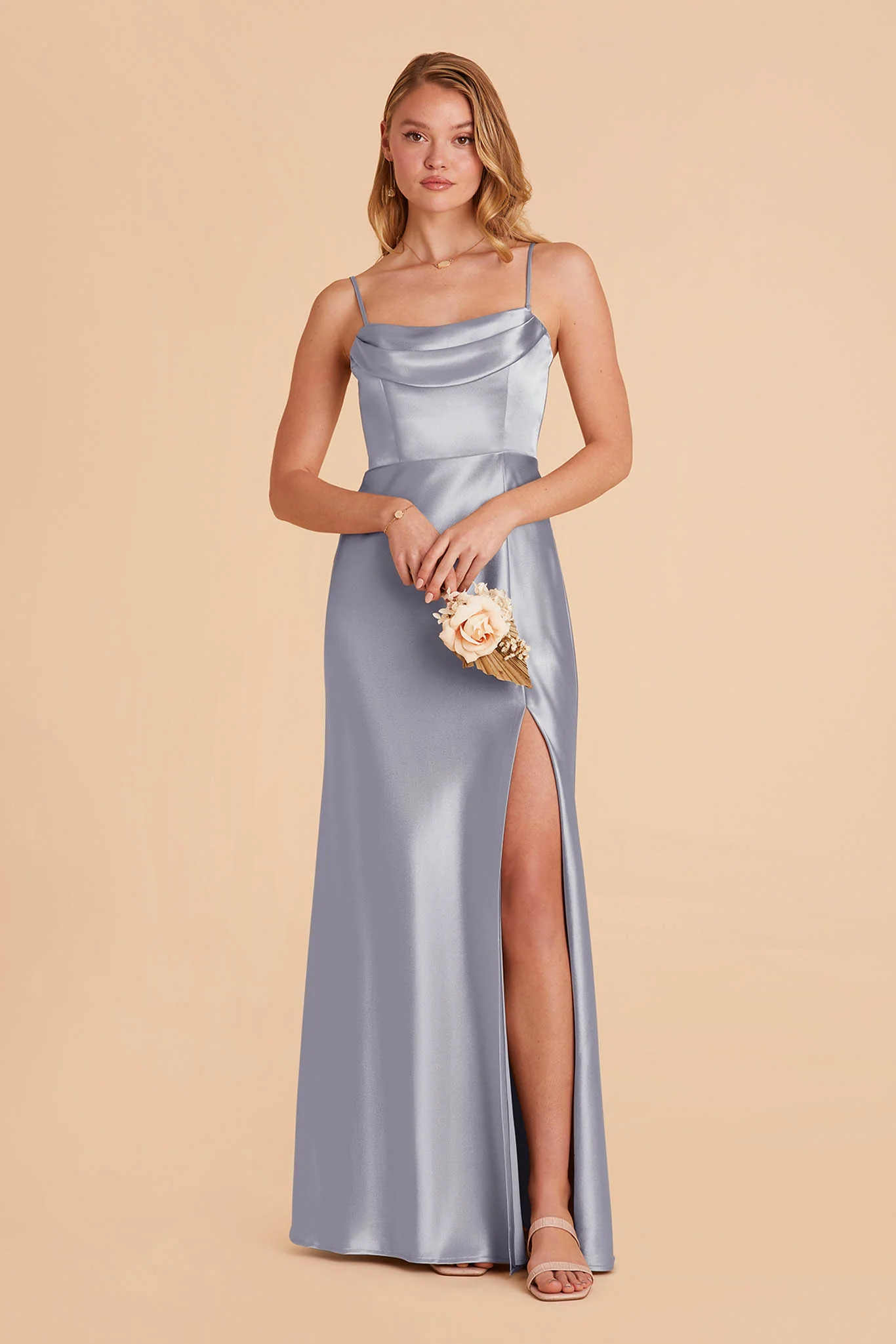 Mia Shiny Satin Dress - Dusty Blue - Image 5