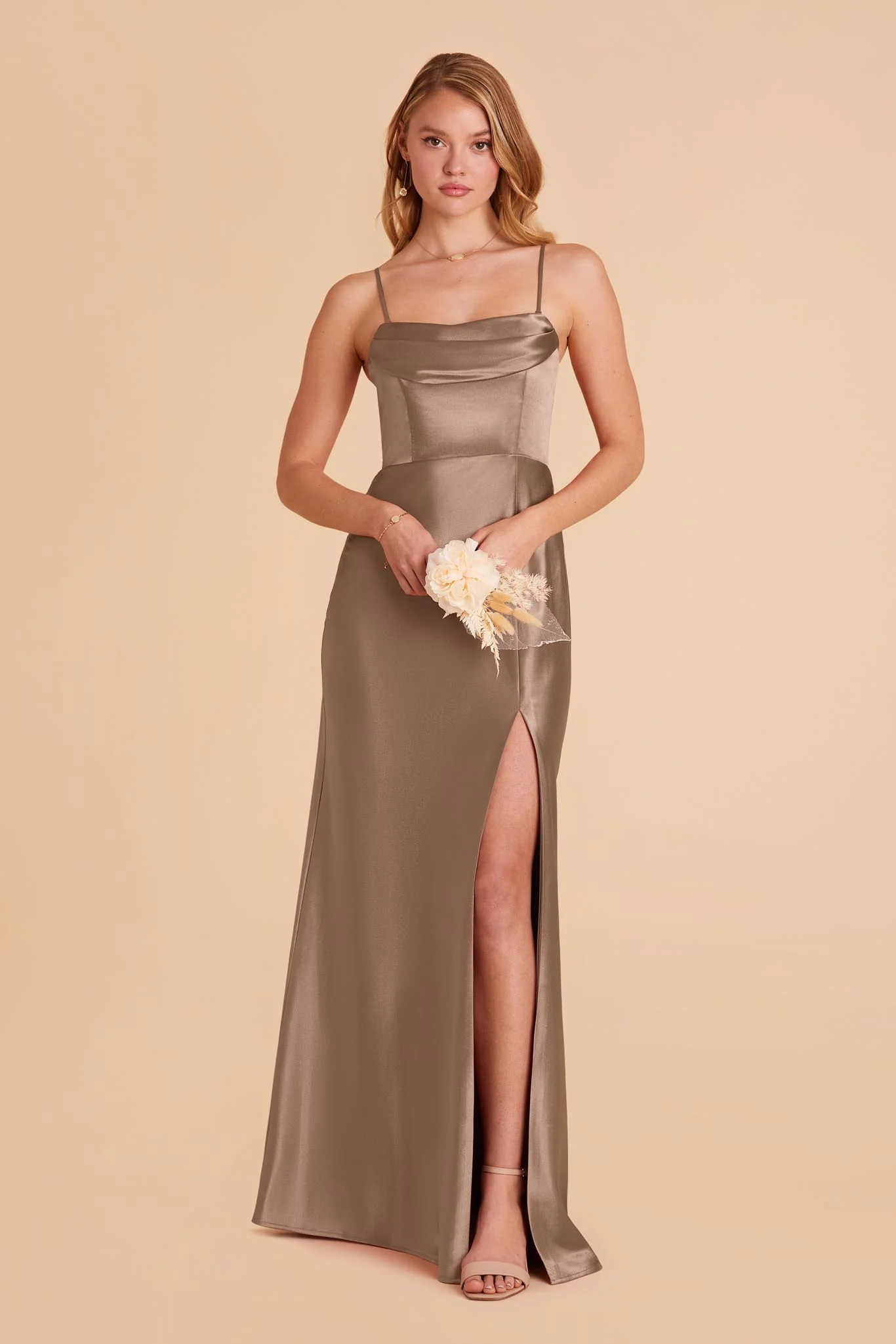 Mia Shiny Satin Dress - Mocha