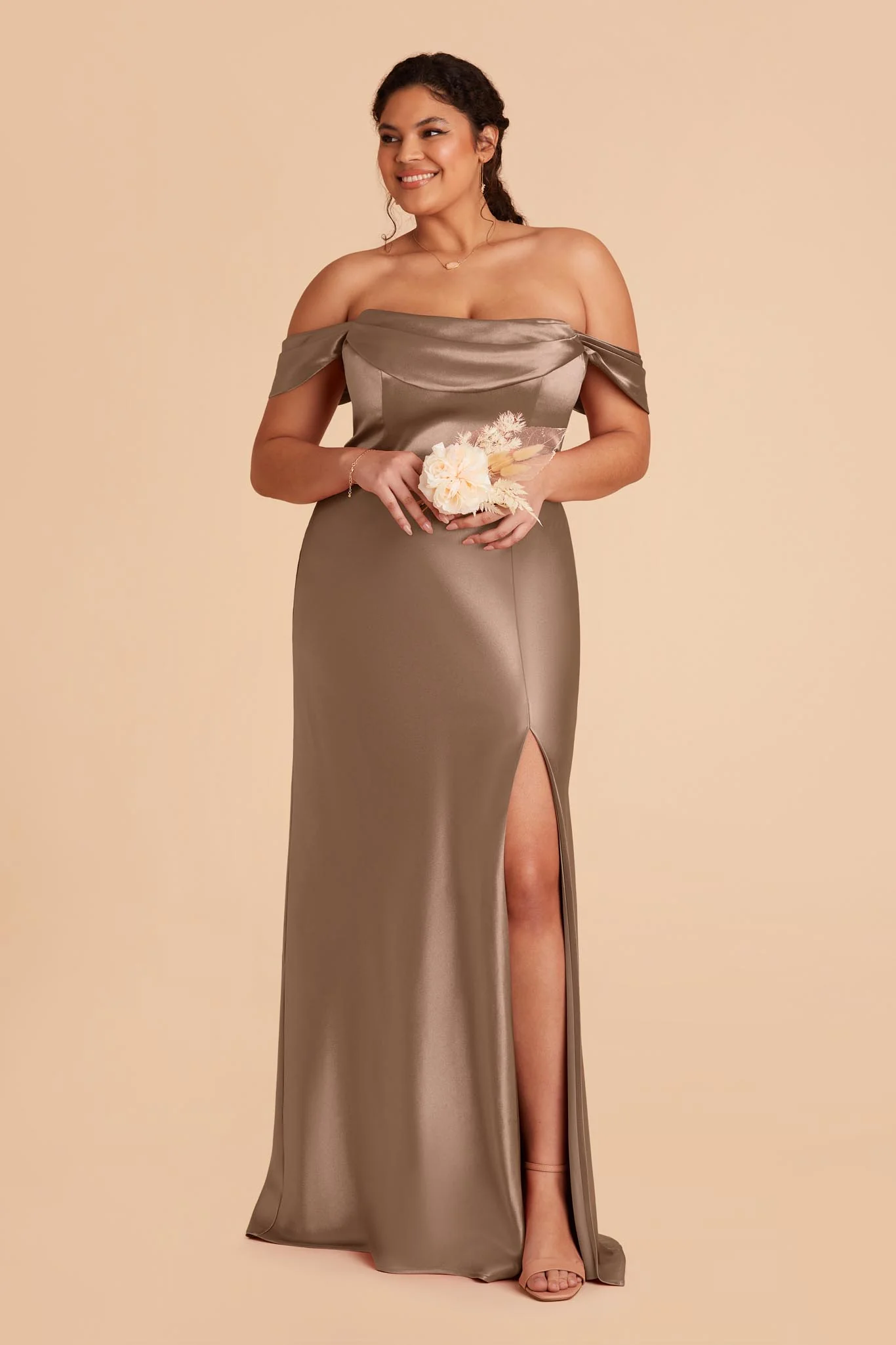 Mia Shiny Satin Dress - Mocha - Image 7
