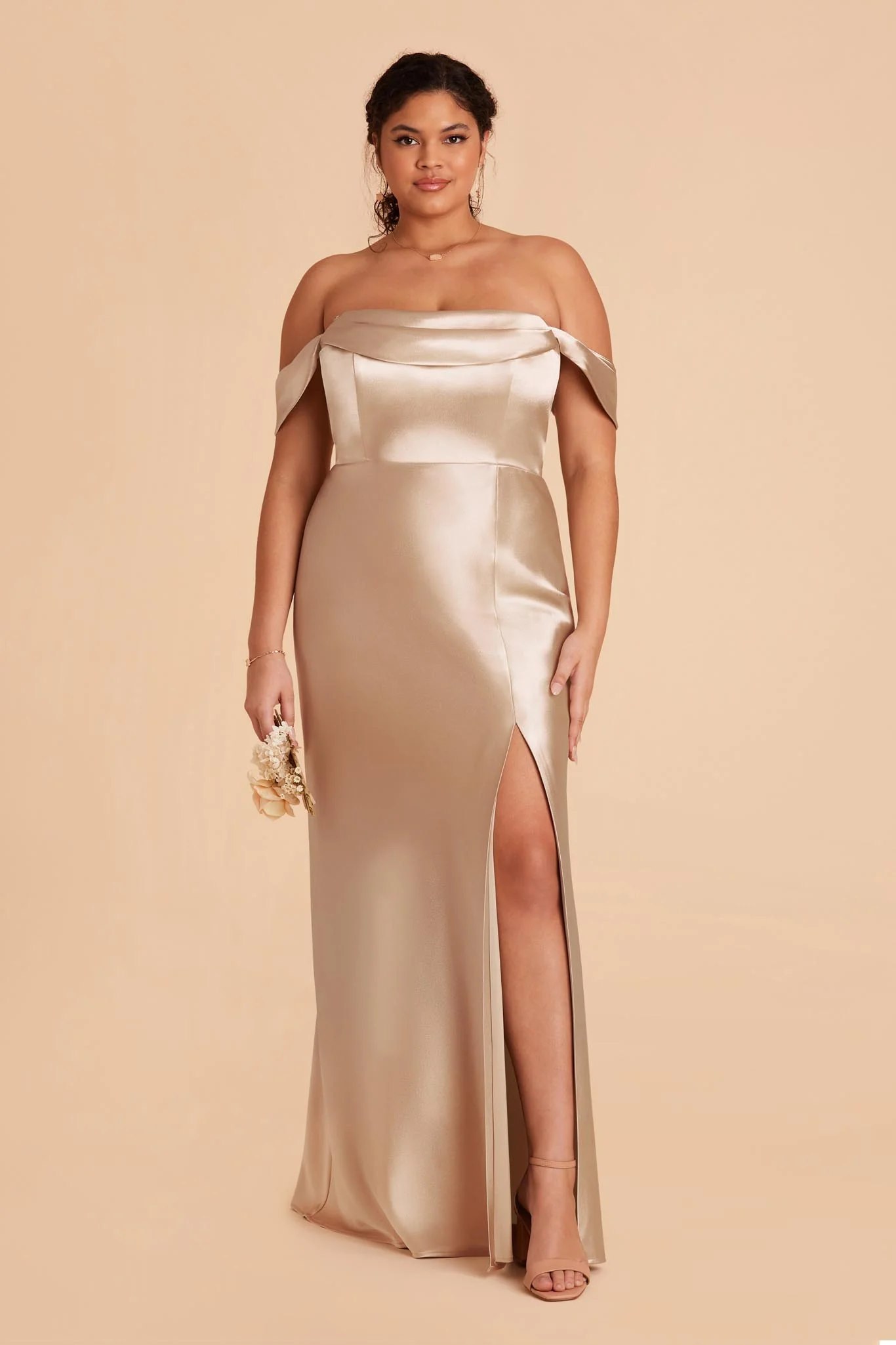 Mia Shiny Satin Dress - Neutral Champagne - Image 10