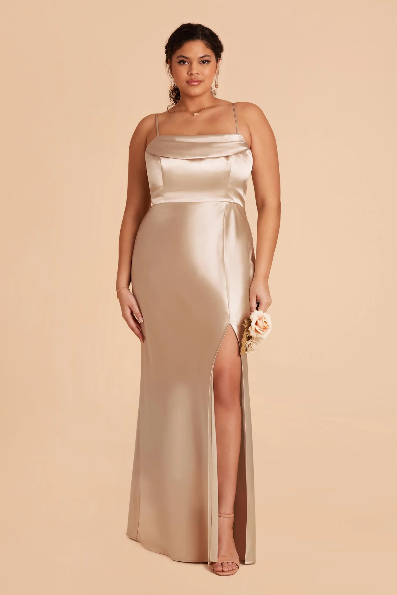 Mia Shiny Satin Dress - Neutral Champagne - Image 9