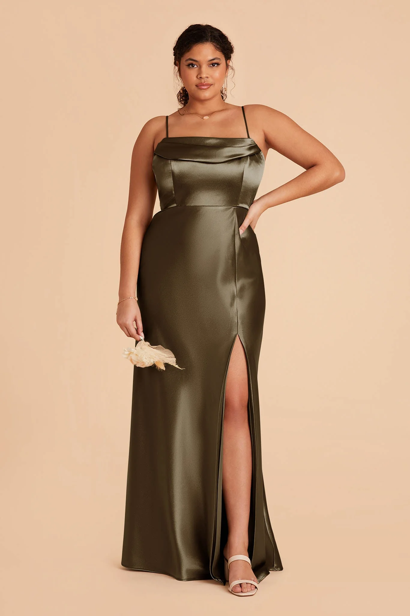Mia Shiny Satin Dress - Olive - Image 13