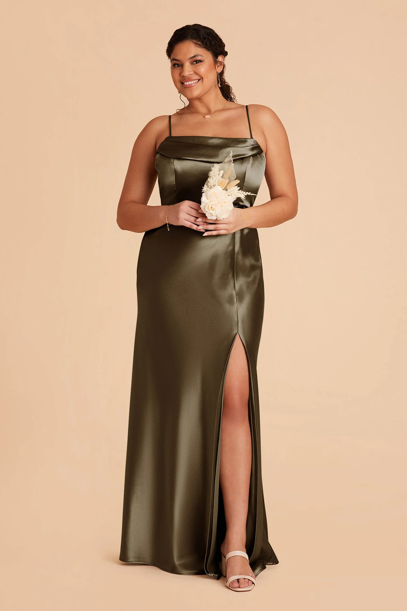 Mia Shiny Satin Dress - Olive - Image 9