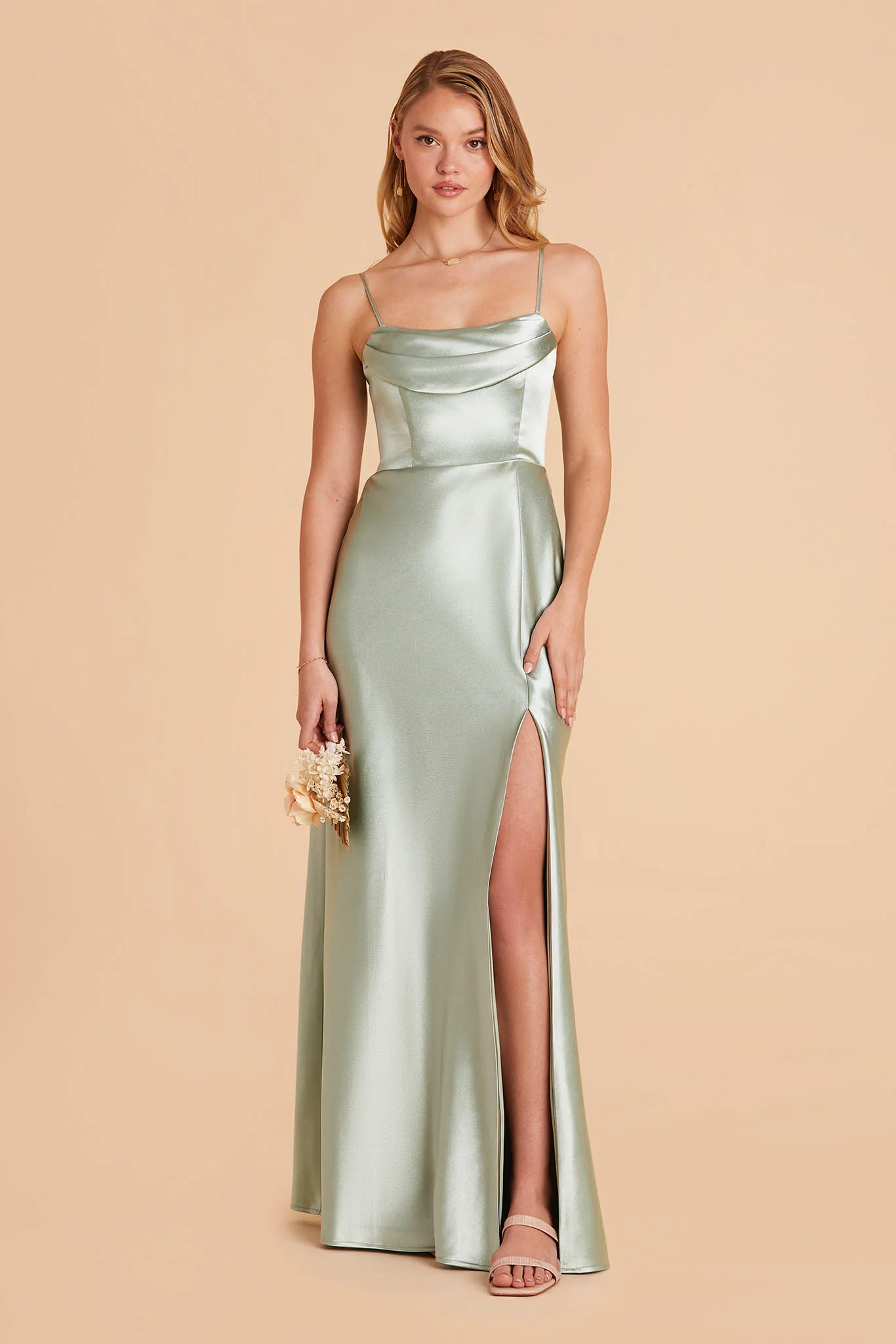 Mia Shiny Satin Dress - Sage - Image 11