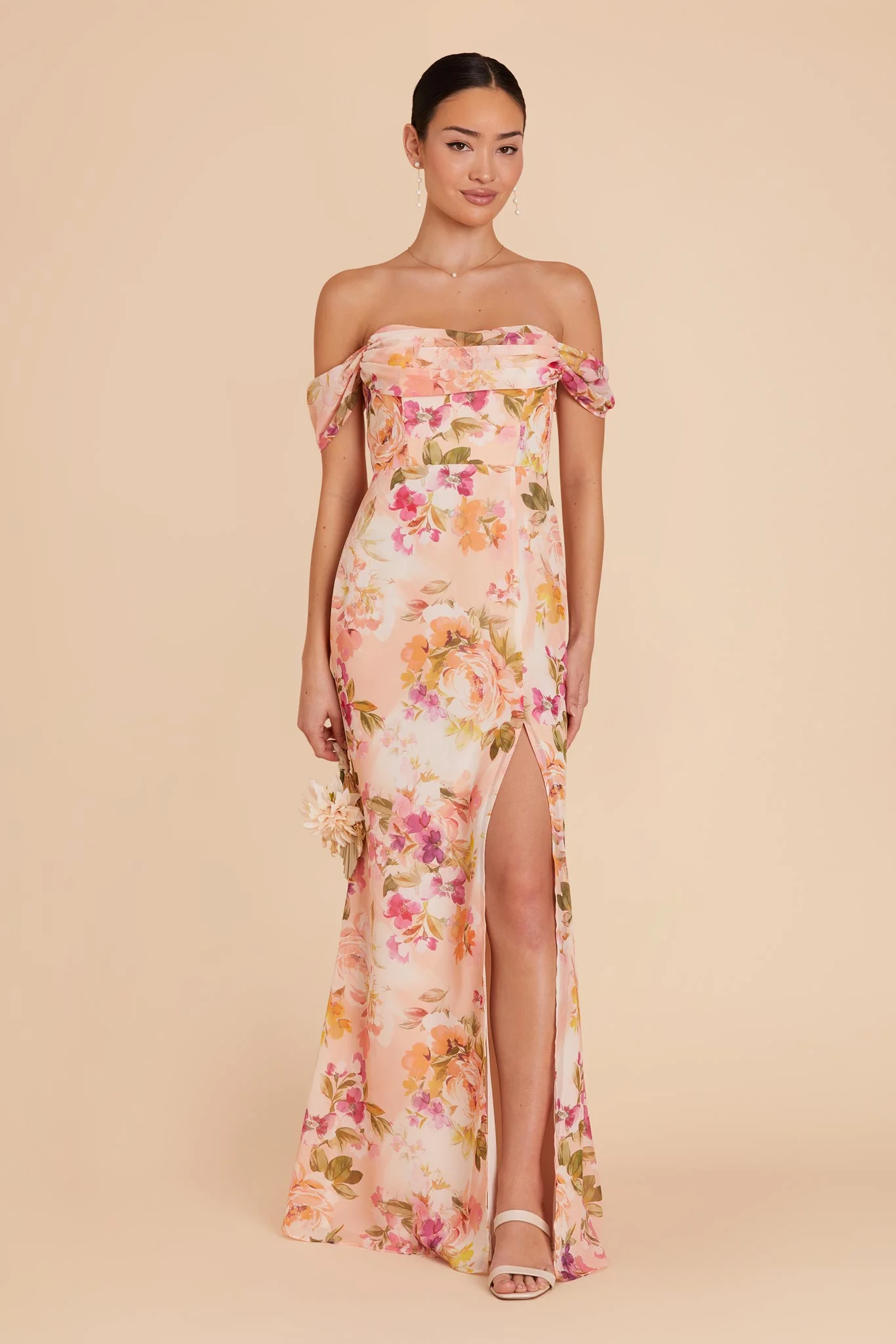 Mira Chiffon Dress - Coral Sunset Peonies