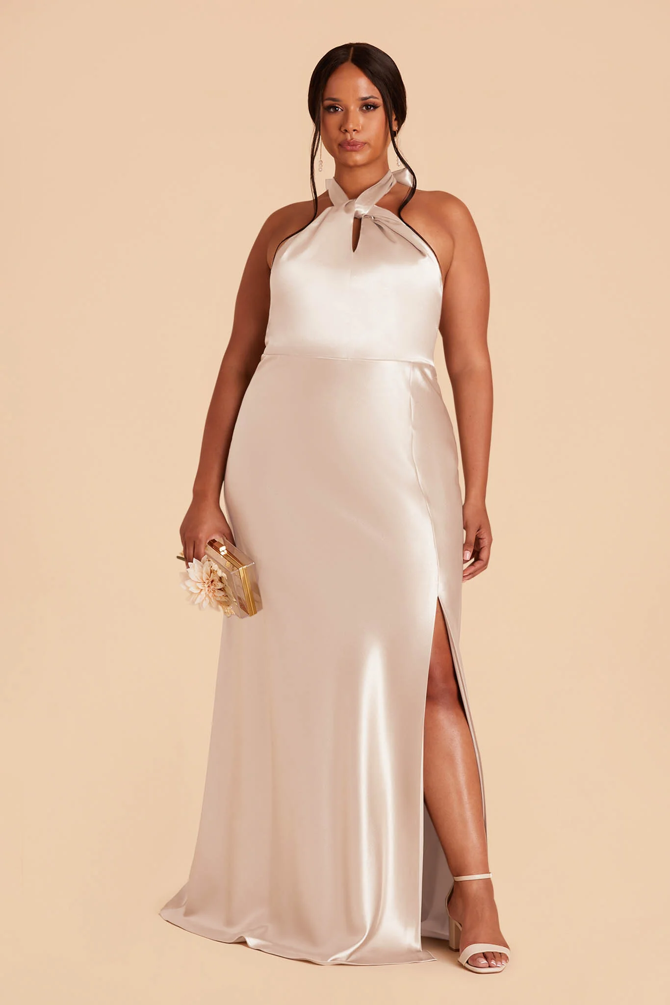 Monica Shiny Satin Dress - Champagne - Image 2