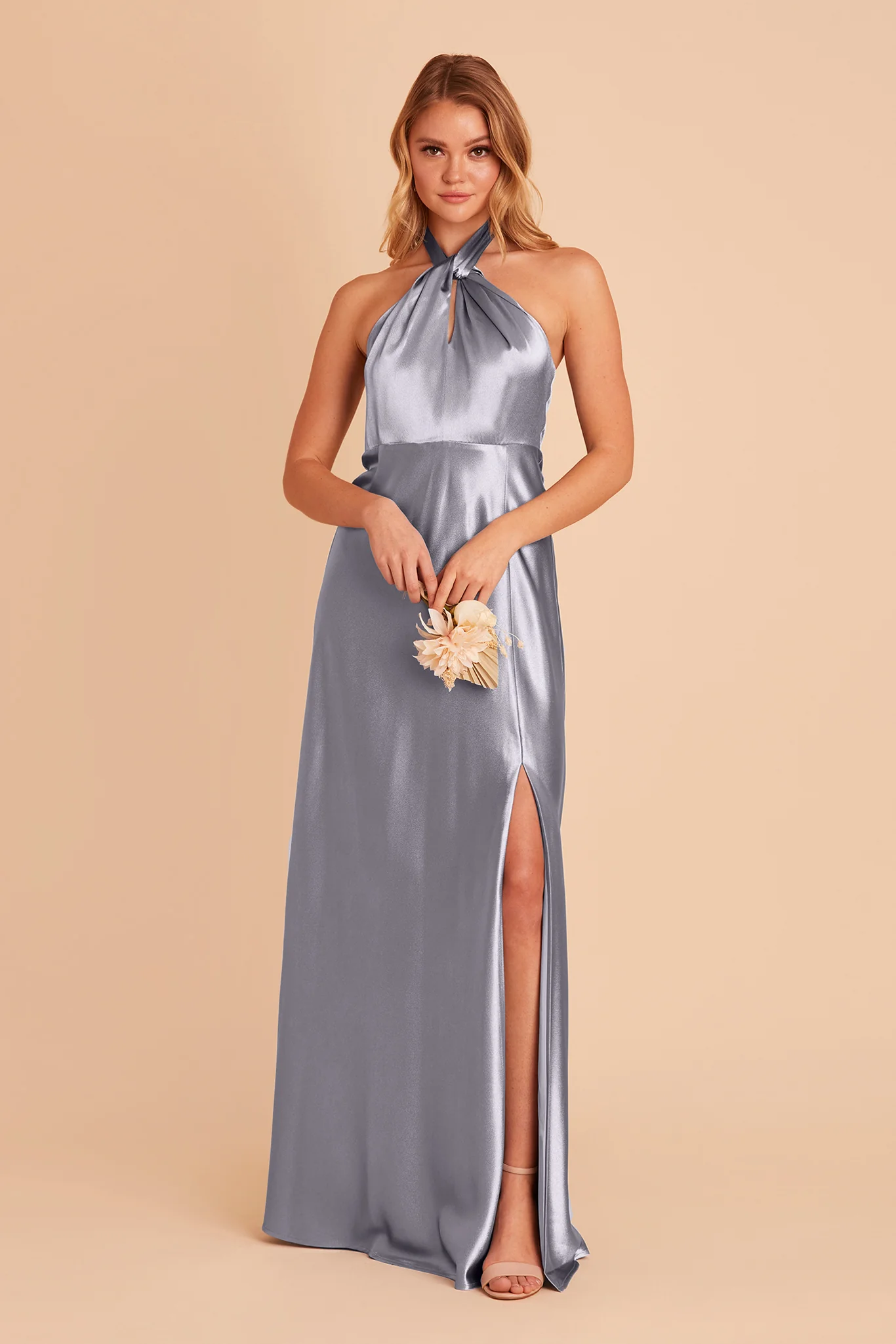 Monica Shiny Satin Dress - Dusty Blue - Image 9