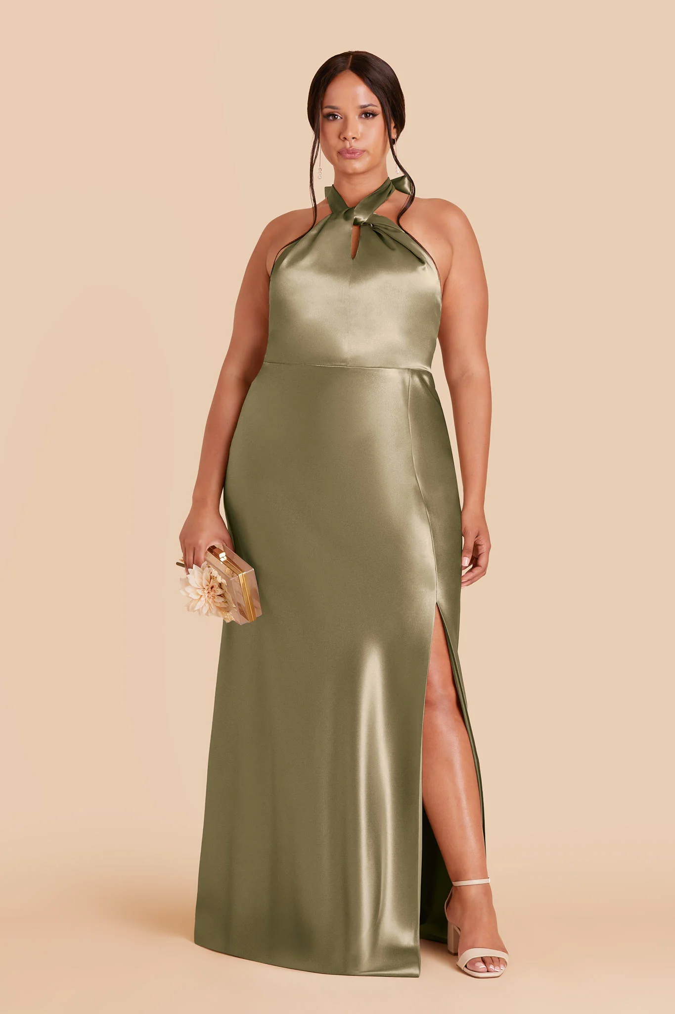 Monica Shiny Satin Dress - Moss Green - Image 2