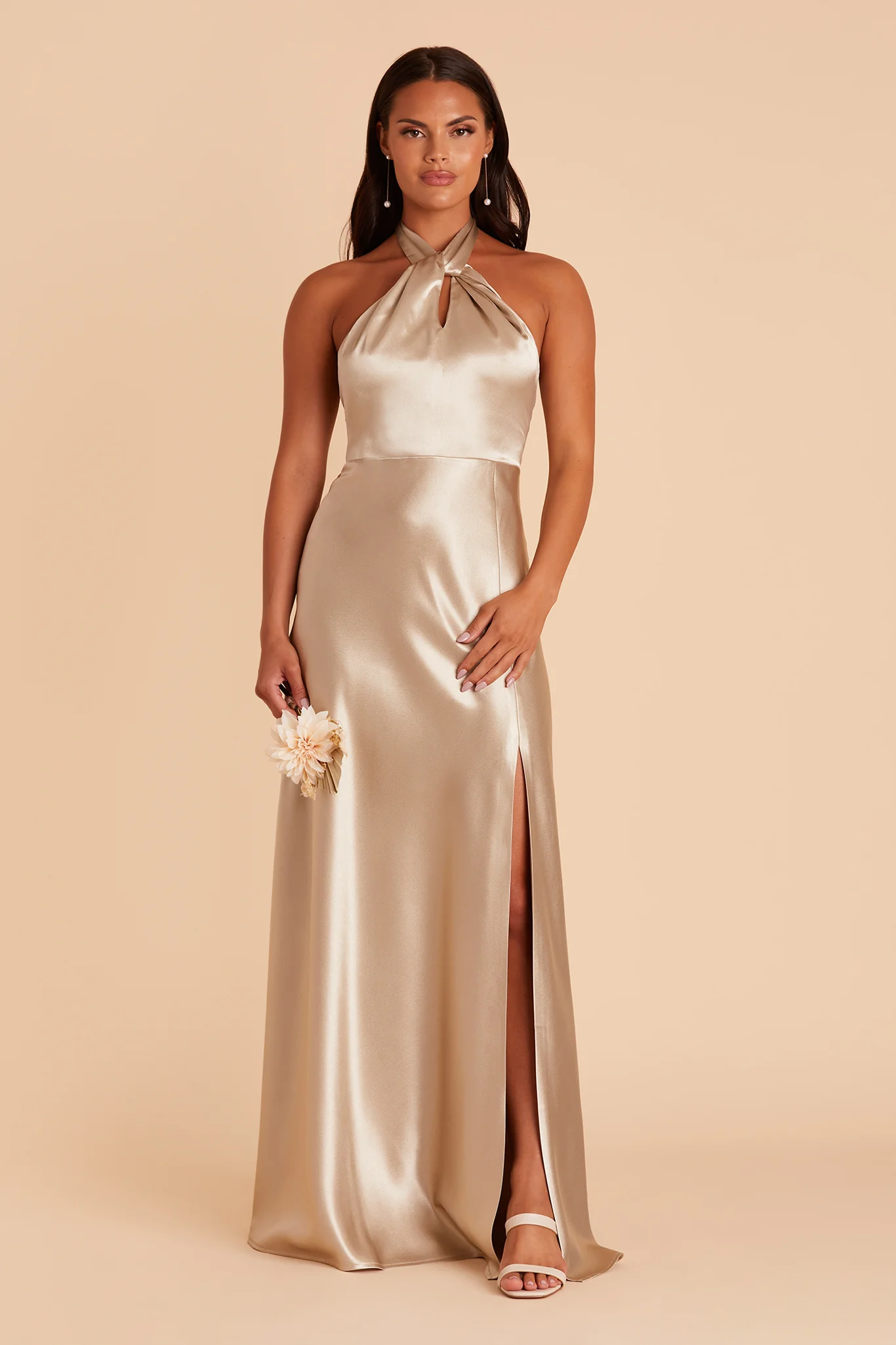 Monica Shiny Satin Dress - Neutral Champagne - Image 4