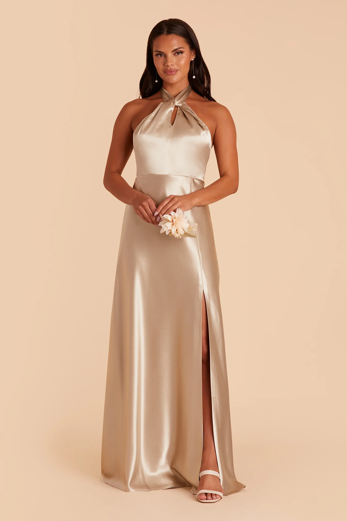 Monica Shiny Satin Dress - Neutral Champagne - Image 5